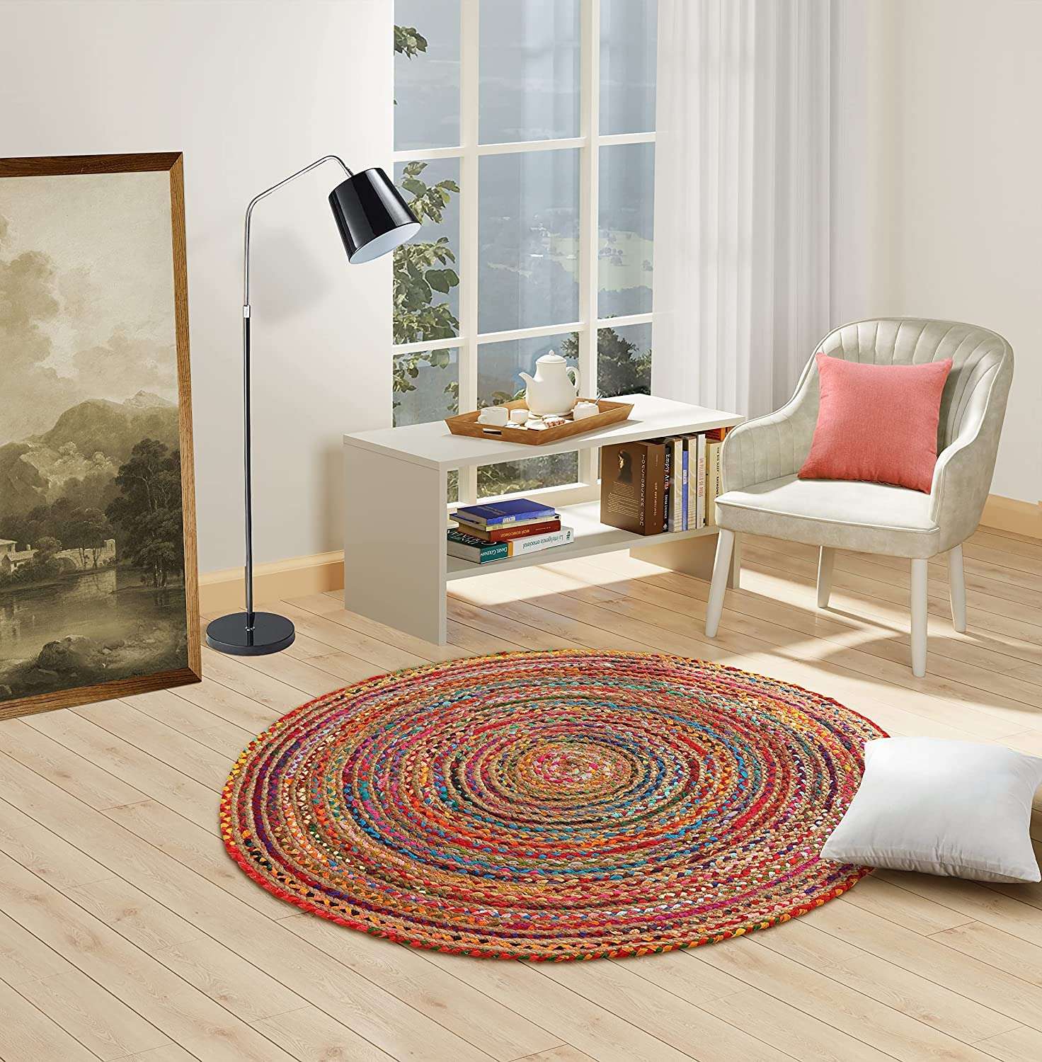 GRUHUM Cotton Area Rug 3ft-Natural Fiber Round Multicolour Handmade Boho Charm Farmhouse Soft Braided Rustic Vintage for Living Room Bedroom Indoor EcoFriendly Kitchen Enterways Hallways(3'ft Round) 2