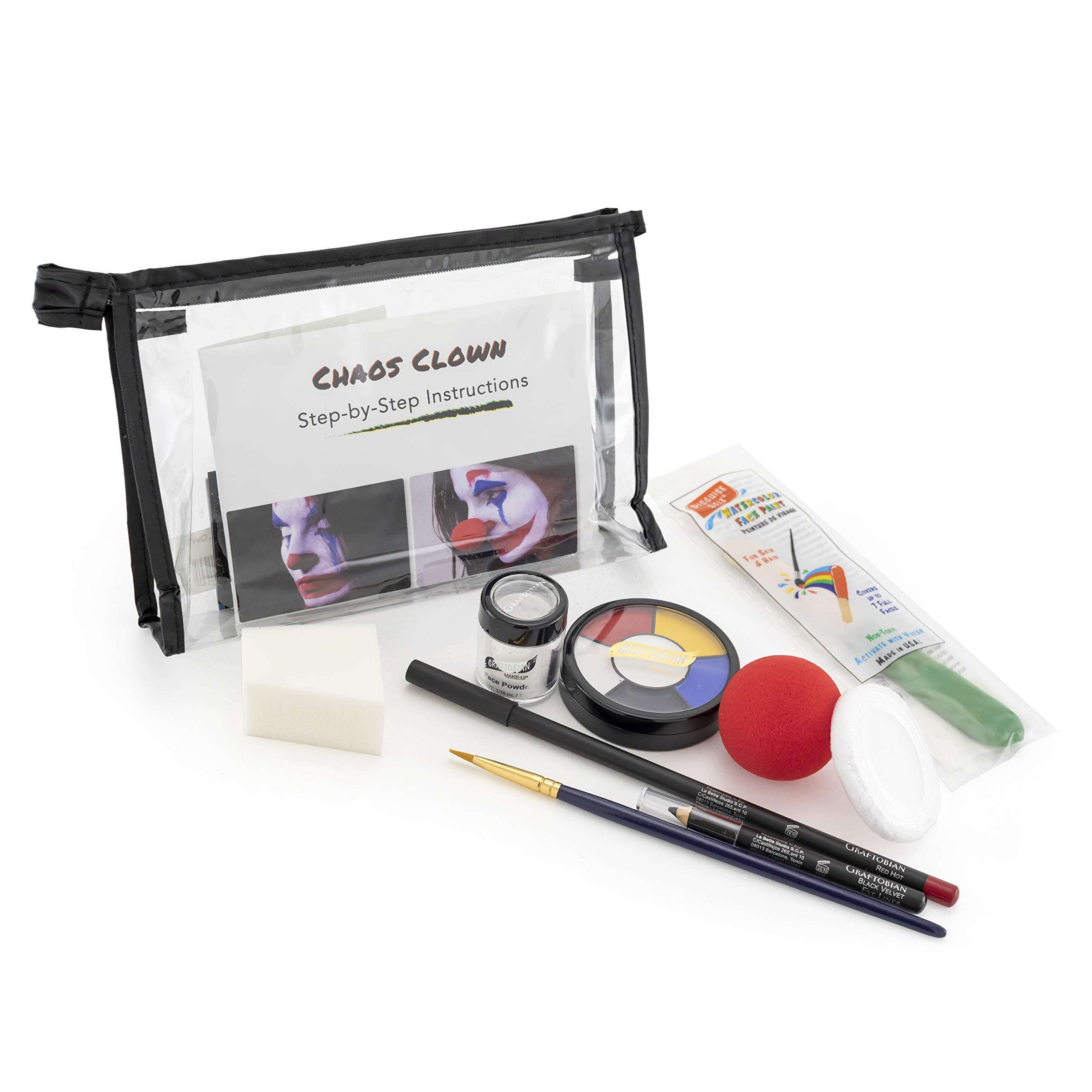Graftobian Chaos Clown Makeup Kit - Complete 10 Piece Set for Joker Jester or Clown Halloween Costume - Full Color Instructions (Standard) 6