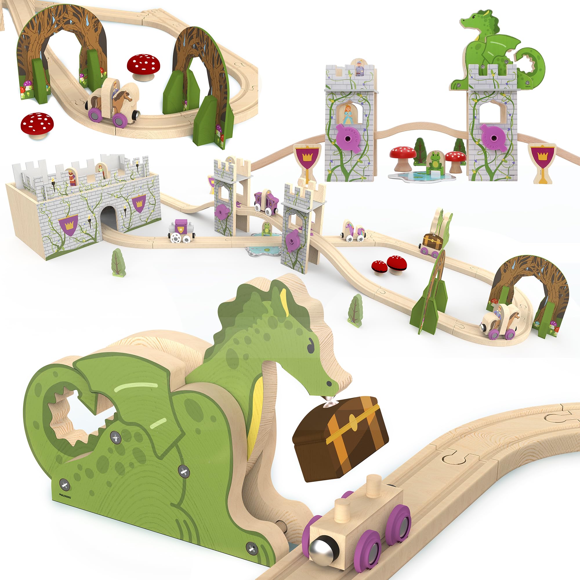 ORBRIUM 68 Pcs Fantasy Kingdom Adventure Wooden Train Set in Wooden Storage Box Unisex Children Toys Girls Boys 3 4 5 6 7 Years Compatible with Thomas, BRIO, Melissa and Doug, Imaginarium, IKEA