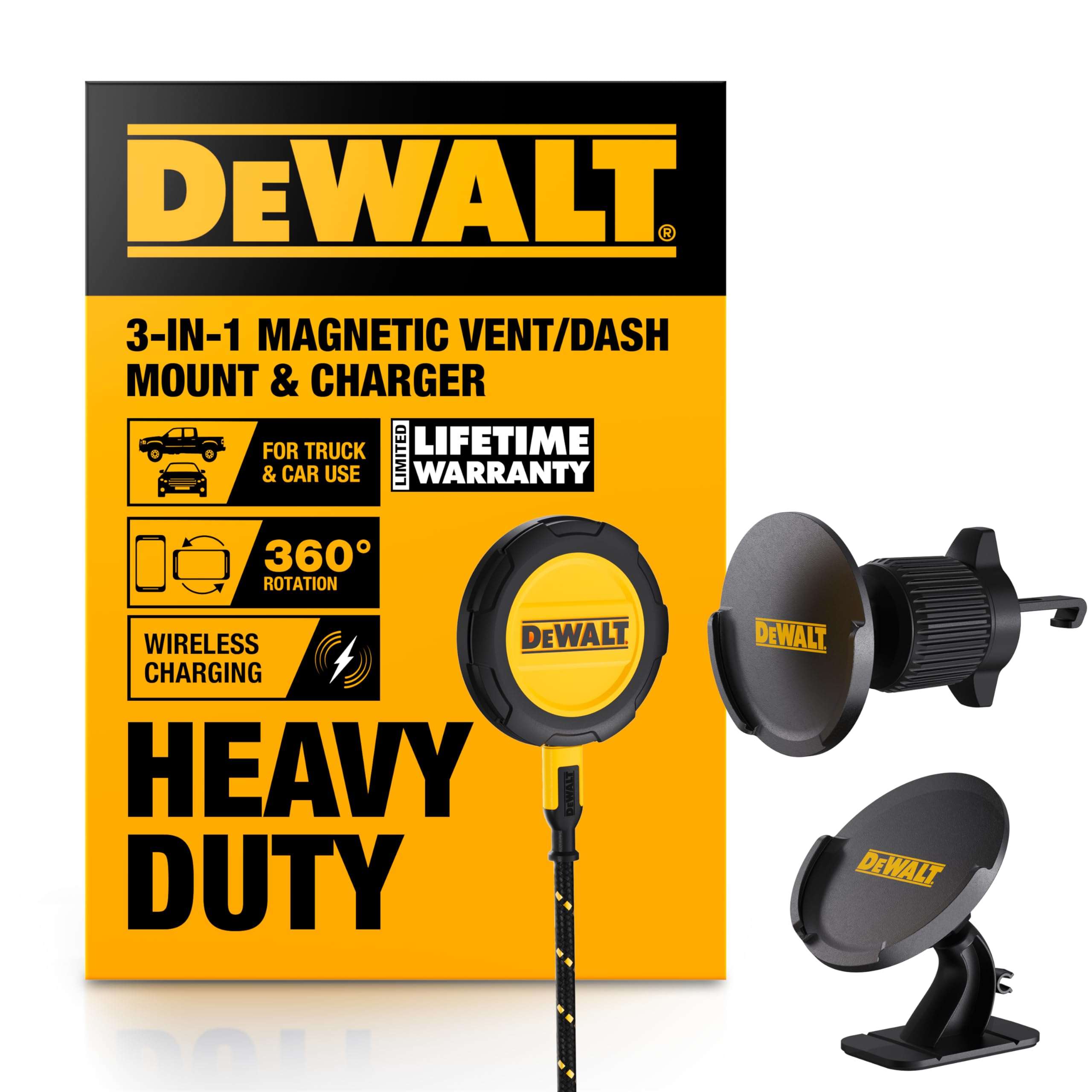 DEWALT Magnetic Phone Holder for Car Kit, Heavy Duty Wireless Charger, Vent Mount, Dash Mount, Charging Mounted Holders Cell Phone Holders for Your Car Accessories for Women Men for iPhone 17 16 15 14 1