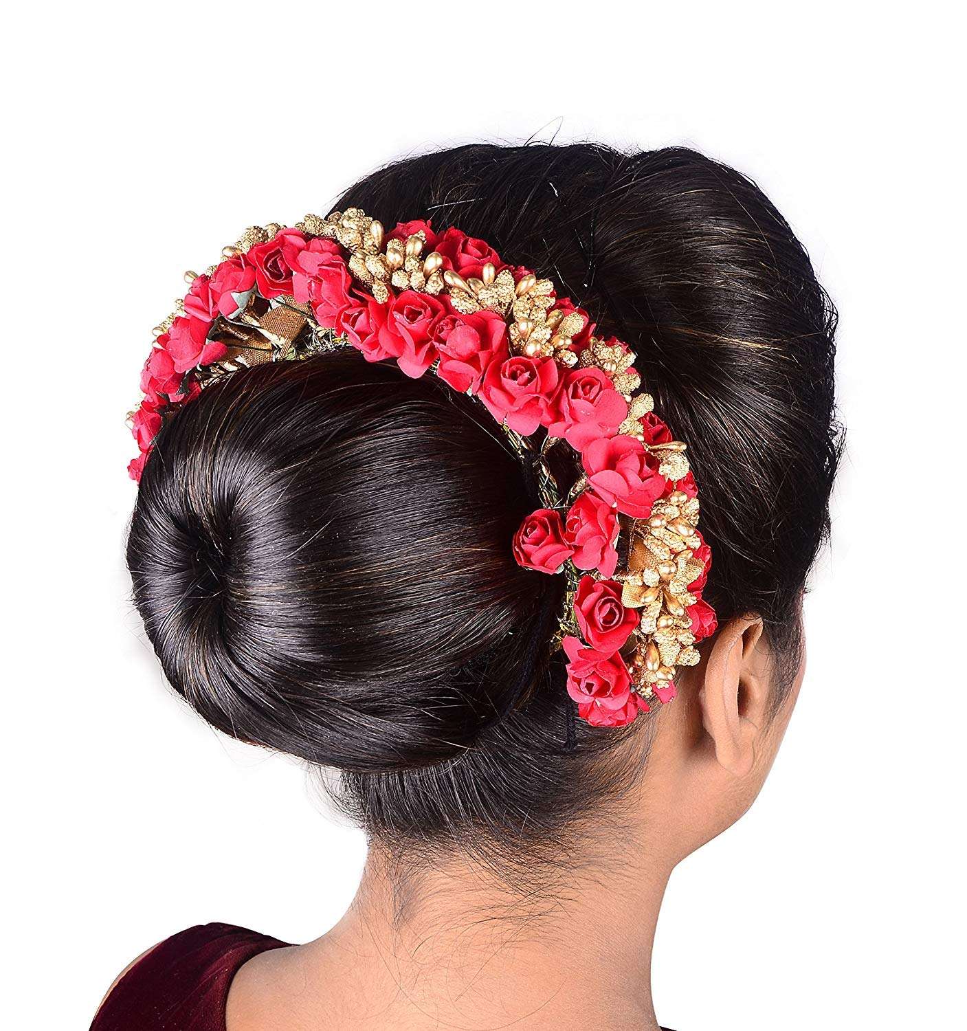 Prime Flowers Bridal Hair Accessories South Indian Gajra For Hair Bun Making, Red Golden 3