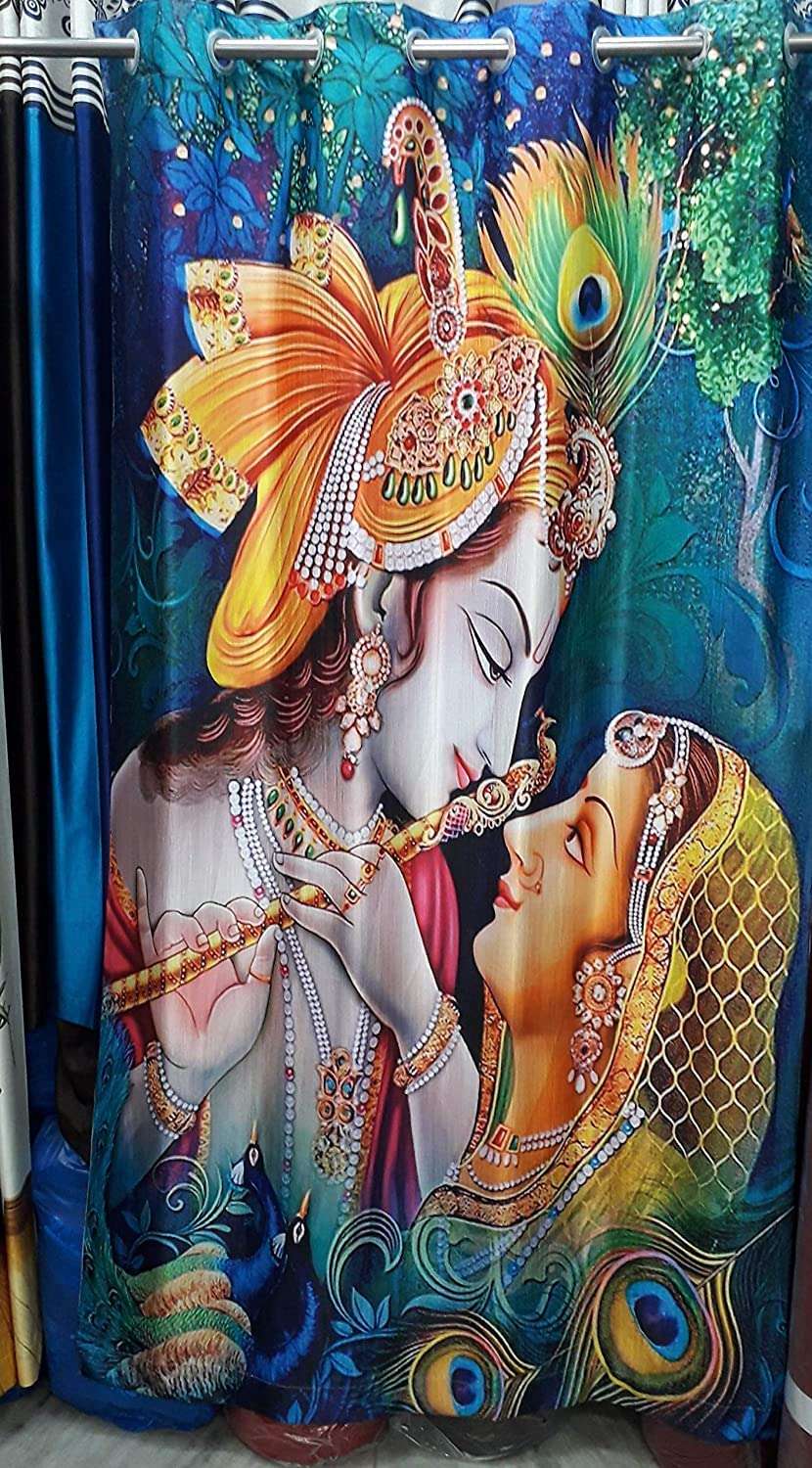 VJK FAB 3D Digital Printed Heavy Fabric Radha Krishna Kanha God Design Curtains for Pooja Room, Temple, Mandir, Home 4x5 feet Long Curtains Set of 1 Pc 1