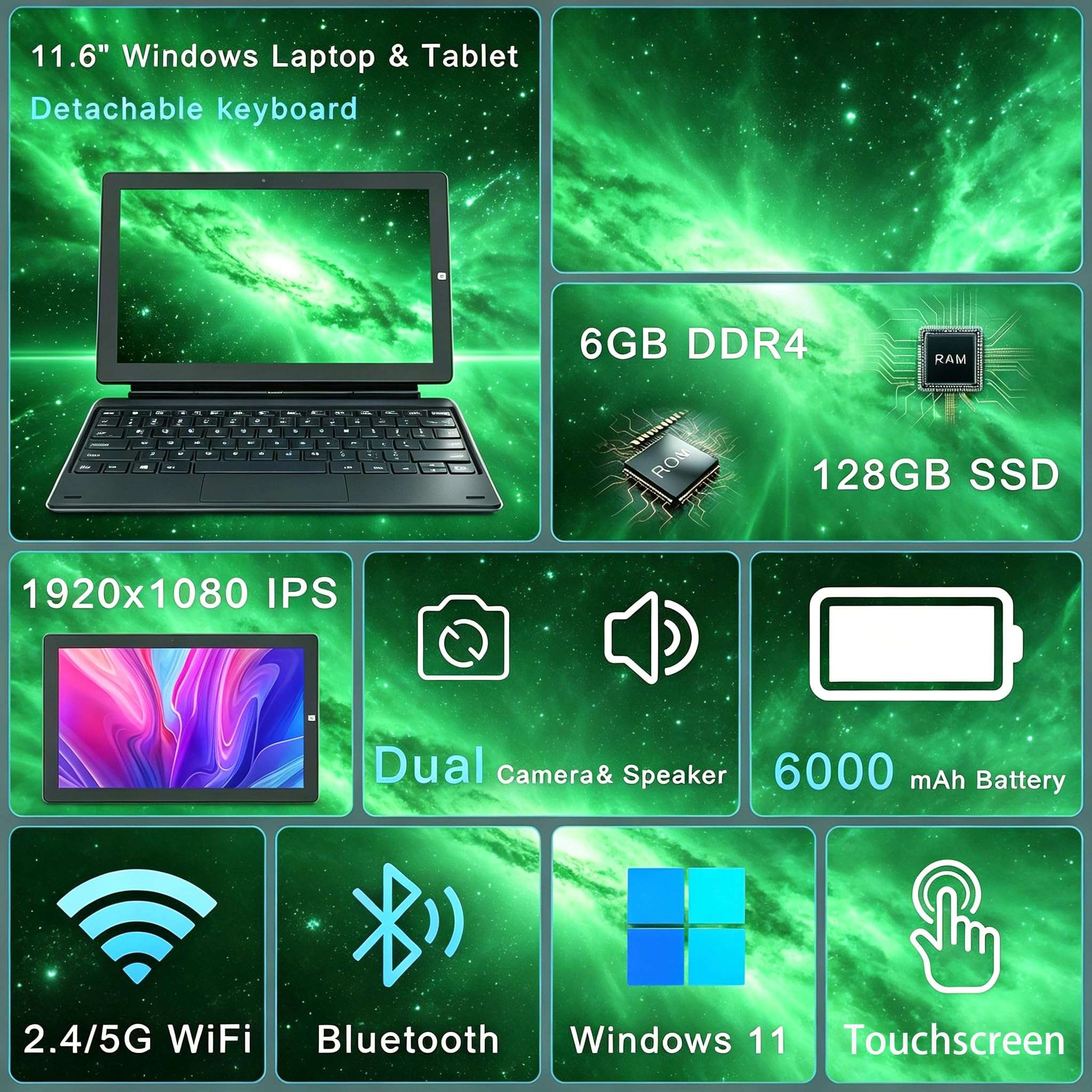 ZAOFEPU 2 in 1 Laptop Windows Tablet, 11.6" Touchscreen Tablets with Keyboard, 6GB RAM 128GB SSD, 2.7GHz, WiFi-2.4G/5G, BT4.2/HDMI/USB3.0/Dual Camera/SD Card Slot 3