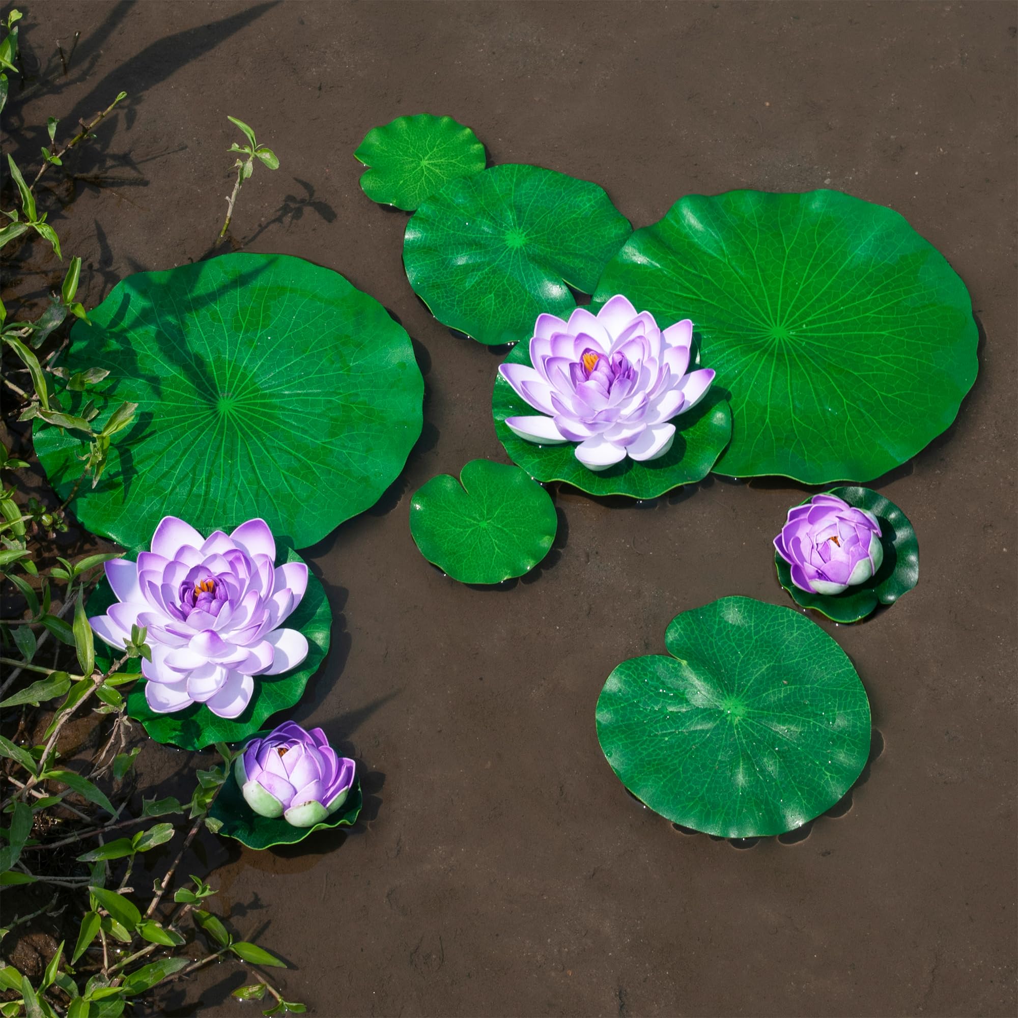 MONT PLEASANT 10 PCS Artificial Lotus with Water Lily Pad Pond Decor & 10 PCS Artificial Floating Lotus Decor with Pad for Home Outdoor Ponds 6