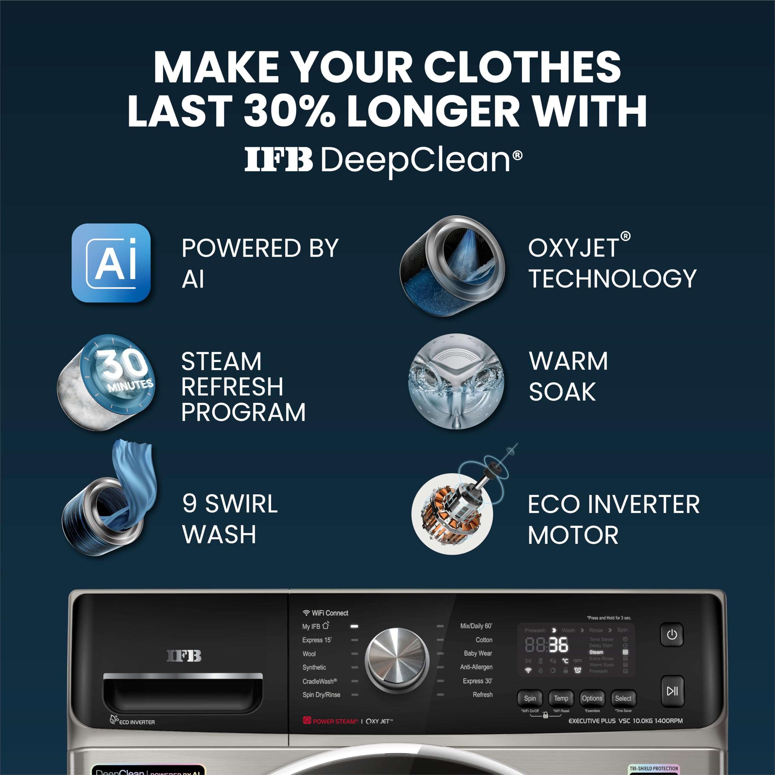 IFB 10Kg 5 Star with Deep Clean Oxyjet Technology, AI Powered, Fully Automatic Front Load Washing Machine (EXECUTIVE PLUS VSC 1014, Steam Refresh Program, Wi-Fi, Eco Inverter, SUS VCM) 5