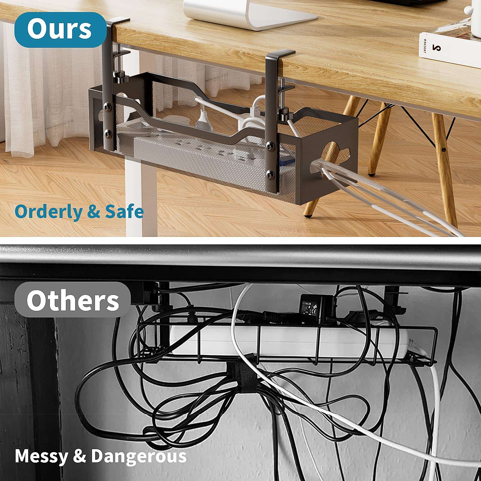 Under Desk Cable Management Tray No Drill, Metal Mesh Cable Management Under Desk with Clamp Mount, 2 Hole Cable Tray with Wire Management and Cord Organizer for Home Office Standing Desk 4