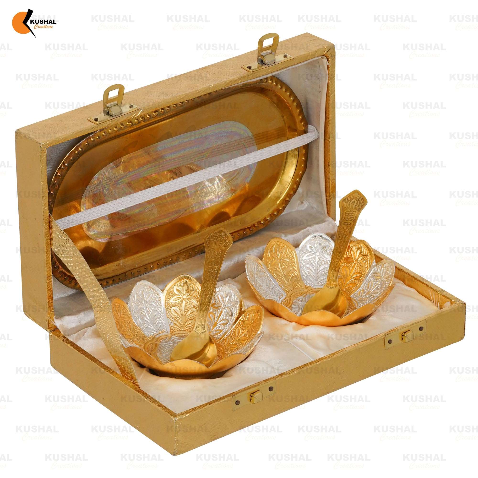 KUSHAL CREATIONS Silver Plated Festival Gift Silver Plated Brass Bowls Set of 5 Pcs. Golden Box Dinner Set with Tulsi Diya Set of 8 Pcs. 4