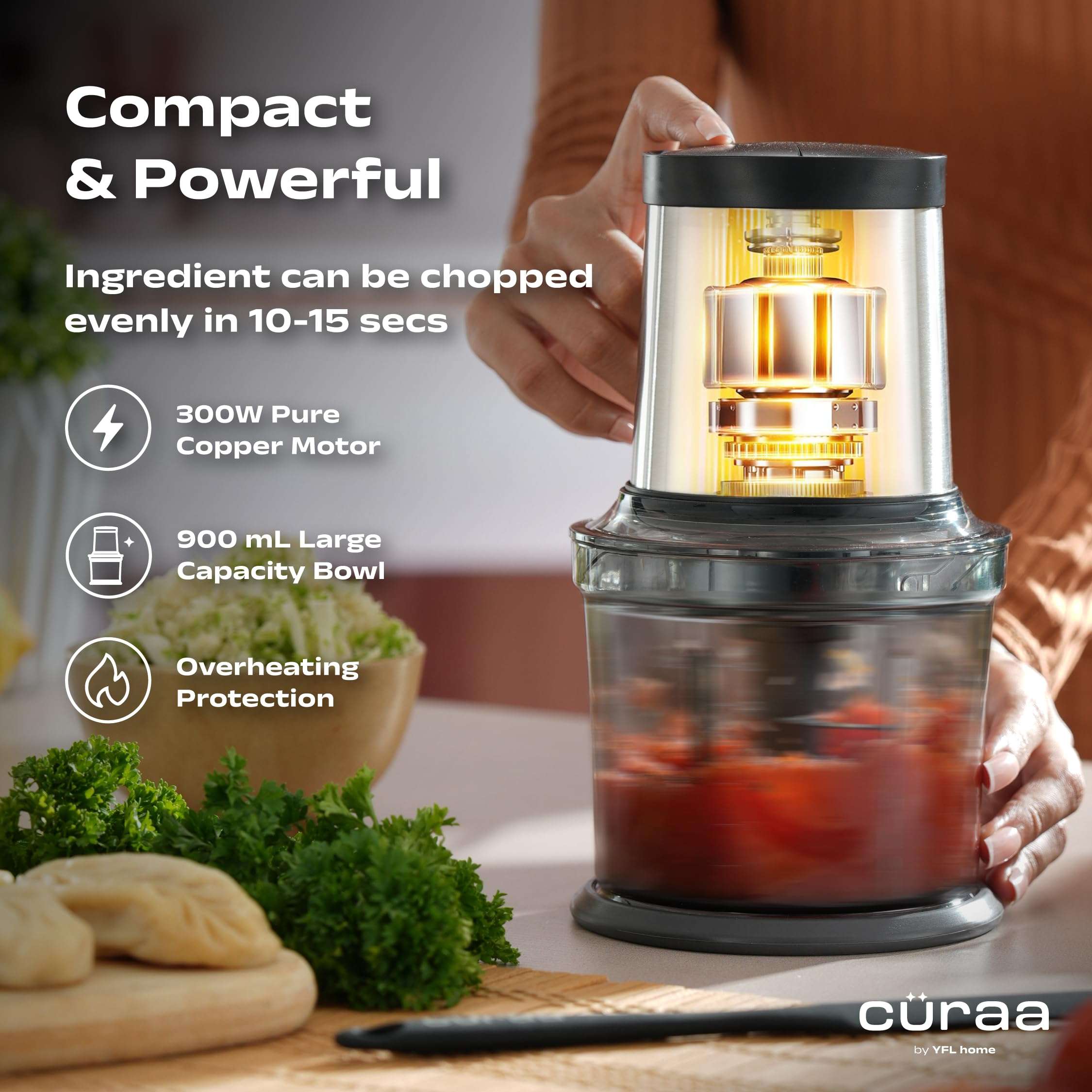 Cüraa ChopLab Pro Electric Vegetable Chopper for Kitchen with 2 Speed Modes, 300 Watts Copper Motor, 900 ml | 4 Stainless Steel Blades to Chop Vegetables, Nuts | 2 Year Warranty (Black) 6