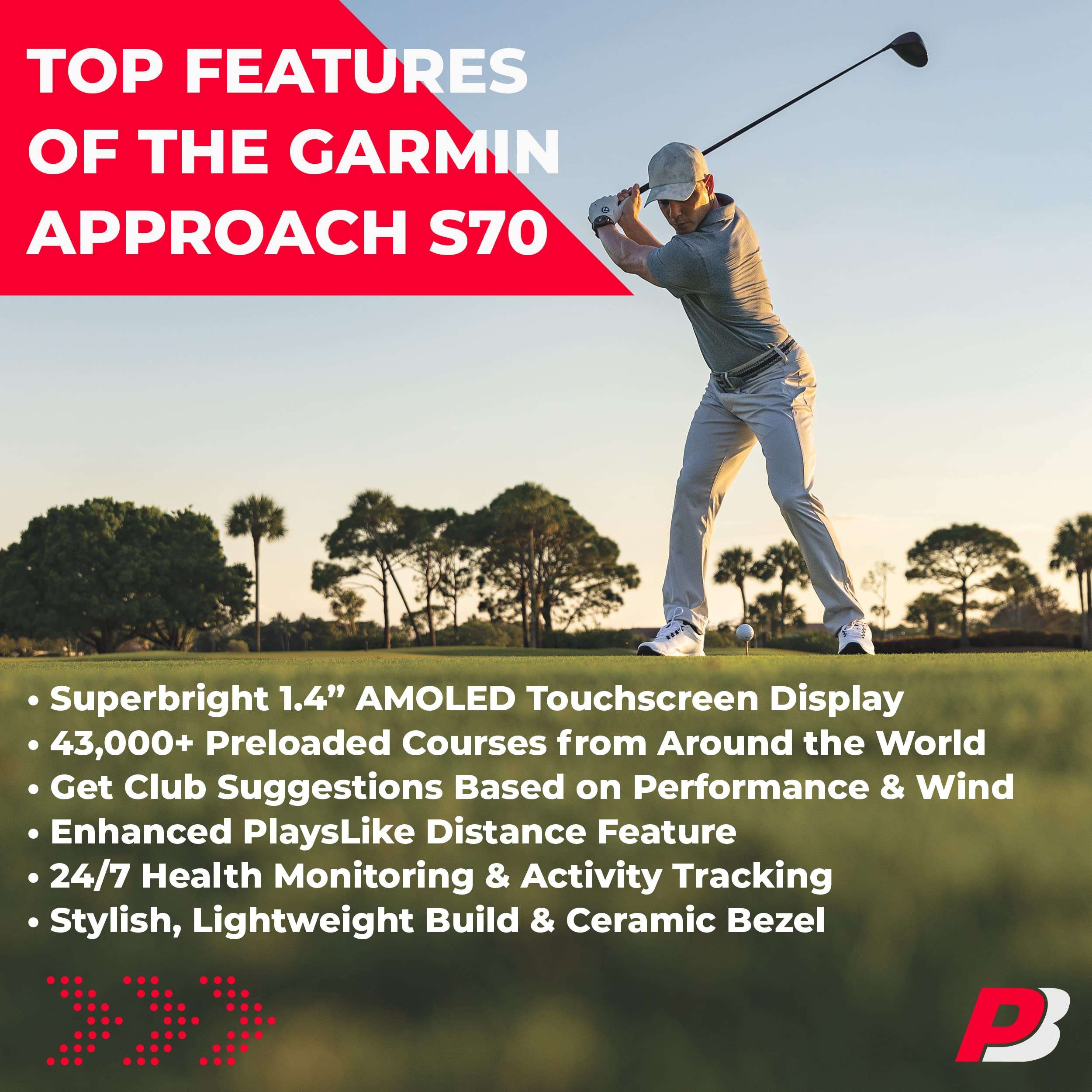 Garmin Approach S70 (Black, 47mm) Golf GPS Watch - AMOLED Display, Virtual Caddie & Playslike Distance - Gift Box Bundle with PlayBetter Screen Protectors, Wall Adapter & Hard Case 5