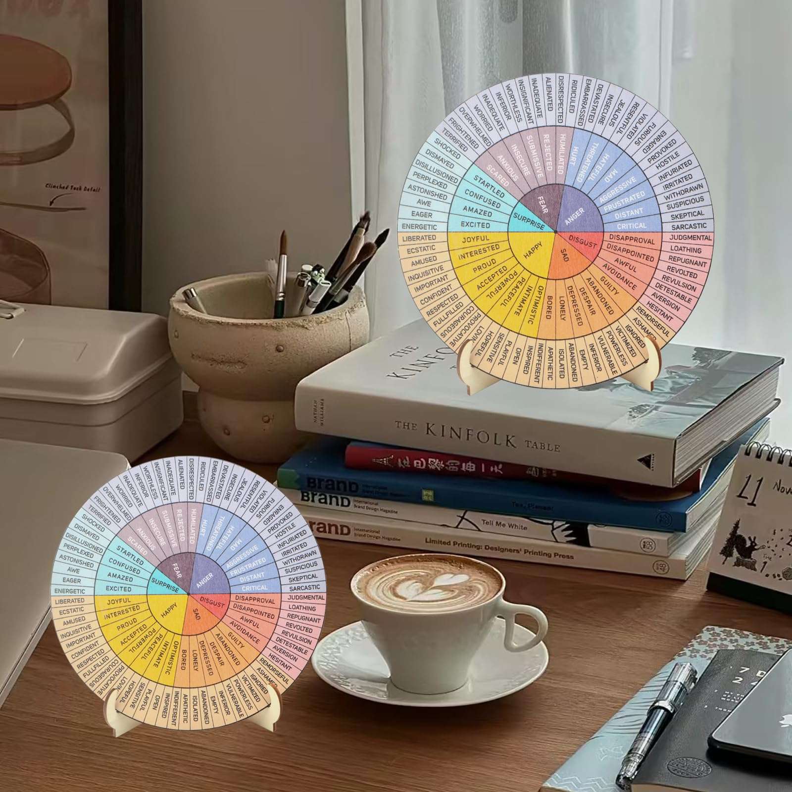Feelings Wheel Therapy Office Desk Decor, 2 Sets of Wooden Double Sided Mental Health Office Emotions Charts with Stand Therapist Gift for Home School Classroom Social Men Women 4