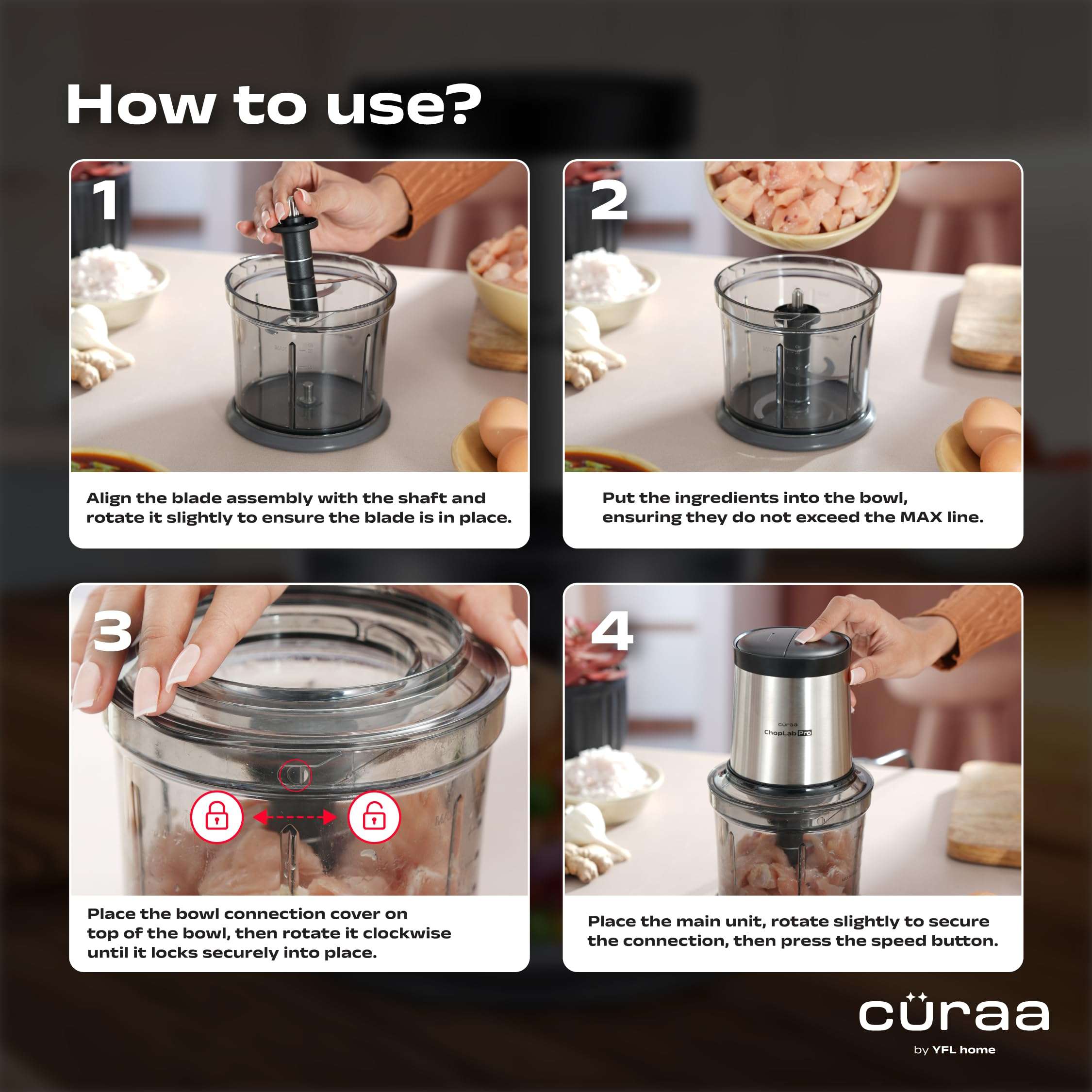 Cüraa ChopLab Pro Electric Vegetable Chopper for Kitchen with 2 Speed Modes, 300 Watts Copper Motor, 900 ml | 4 Stainless Steel Blades to Chop Vegetables, Nuts | 2 Year Warranty (Black) 4