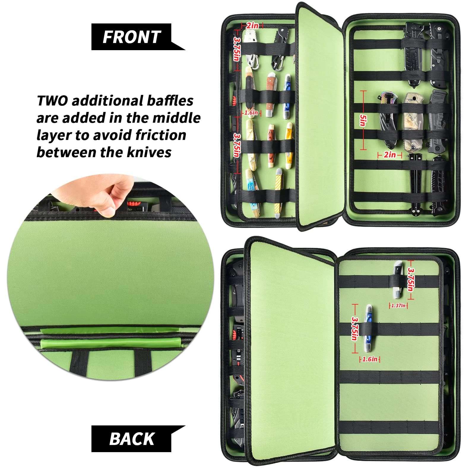Display Case for 66+ Pocket Knives. Folding Holder, Butterfly Storage Organizer, Roll Collection Pouch Carrier Bag for Survival Tactical Outdoor for EDC Mini Knife -Green 3