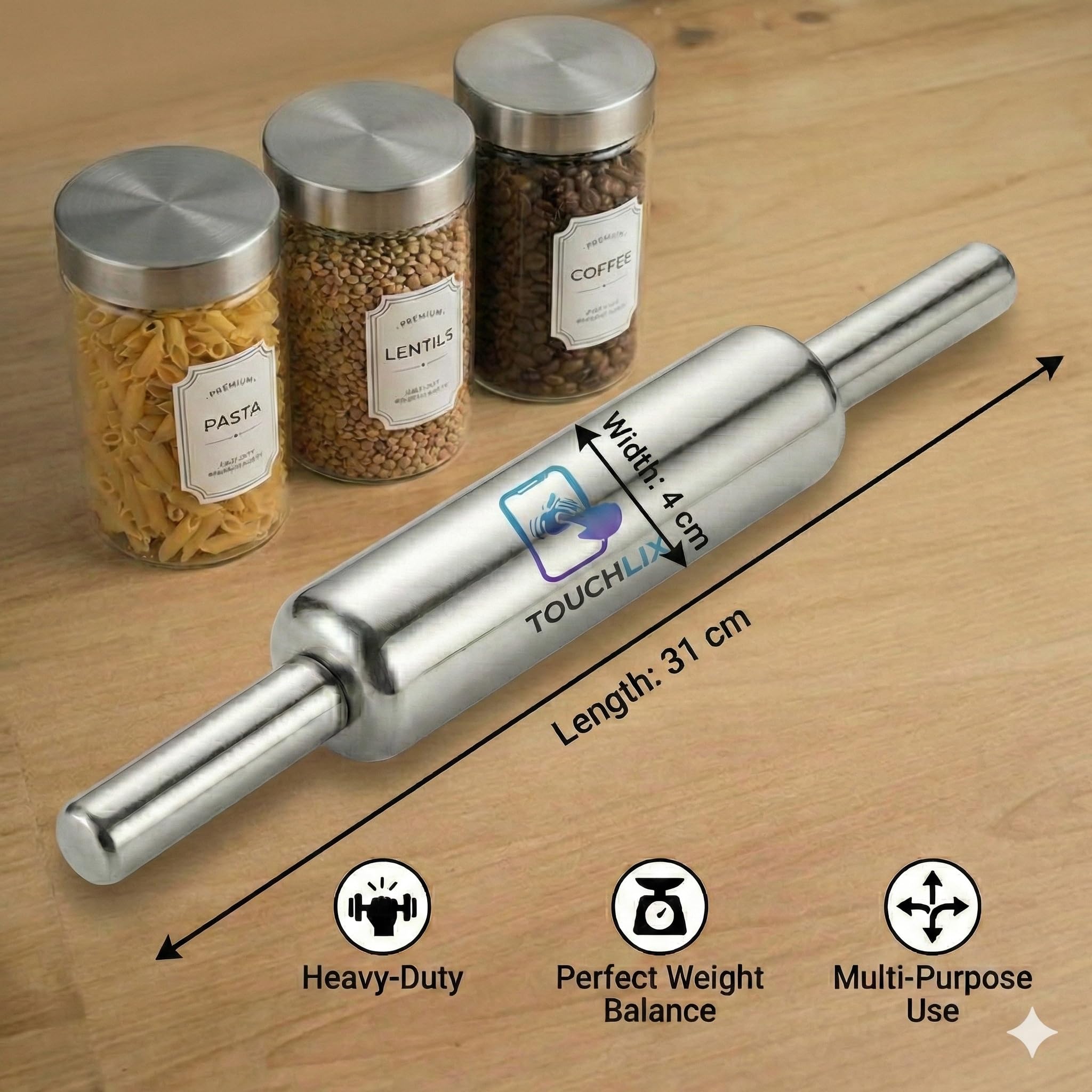 Touchlix - Stainless Steel Rolling Pin for Kitchen, 31 cm Heavy Duty Metal Roti Roller, Belan with Perfect Weight Balance for Chapati, Paratha and Pastry, Steel Belan 4
