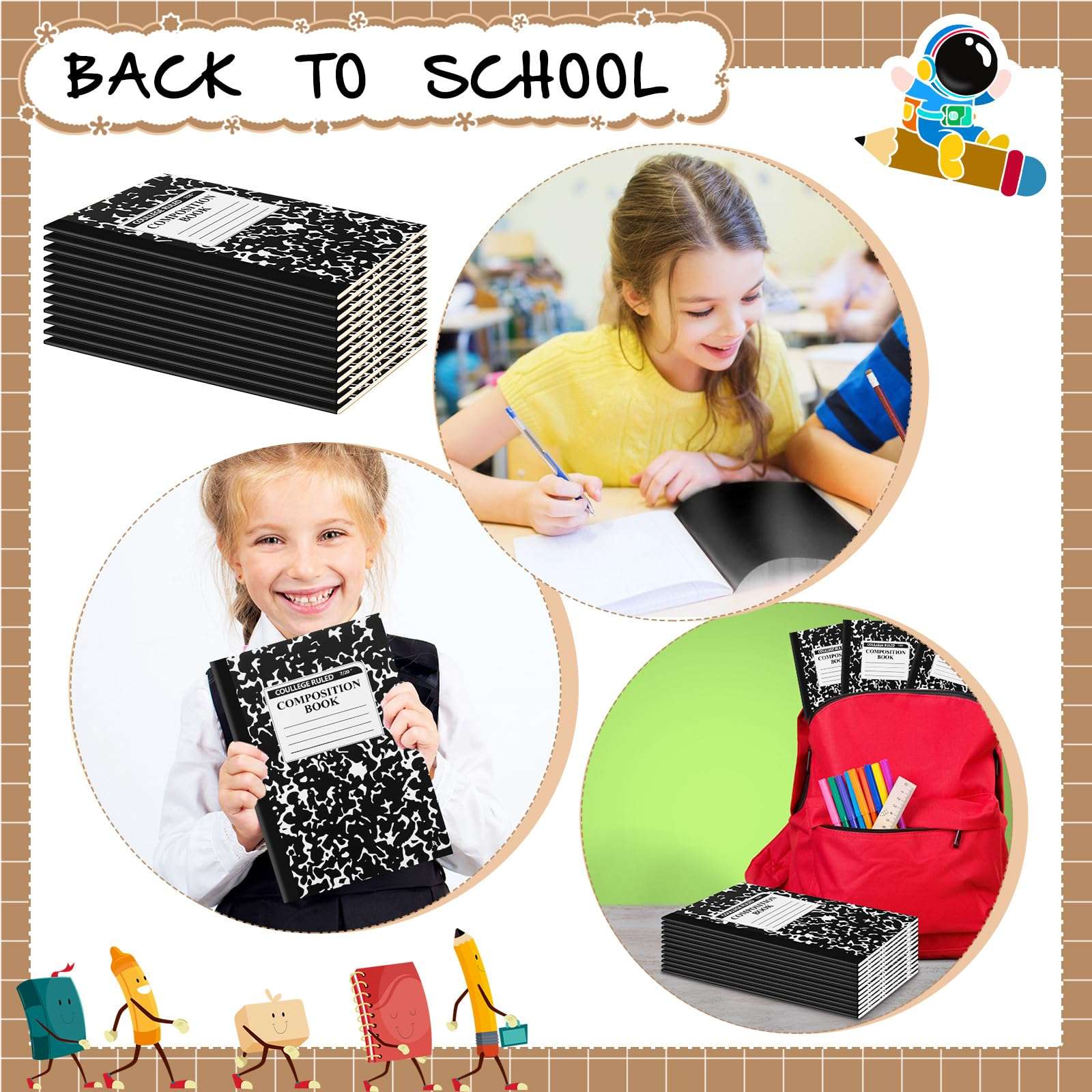 Fainne 12 Pack A5 Composition Notebooks Bulk Wide Ruled Composition Notebook Wide Ruled Notebooks Marble Covers Notebook for Student Classroom Office Supplies(Black) 3