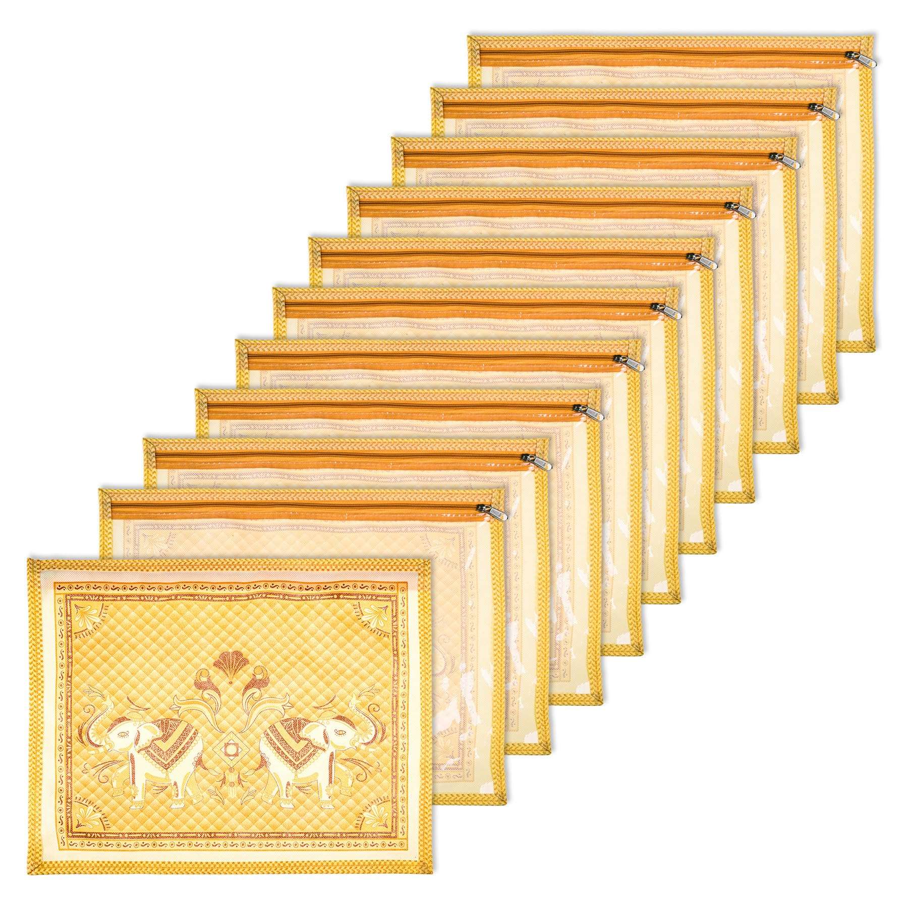 Kuber Industries cotton Saree Cover|Elephant Design Clothes Storage Bag|Single Packing Saree with Zip Closure|Wardrobe Organizer|Pack of 12|Cream 1