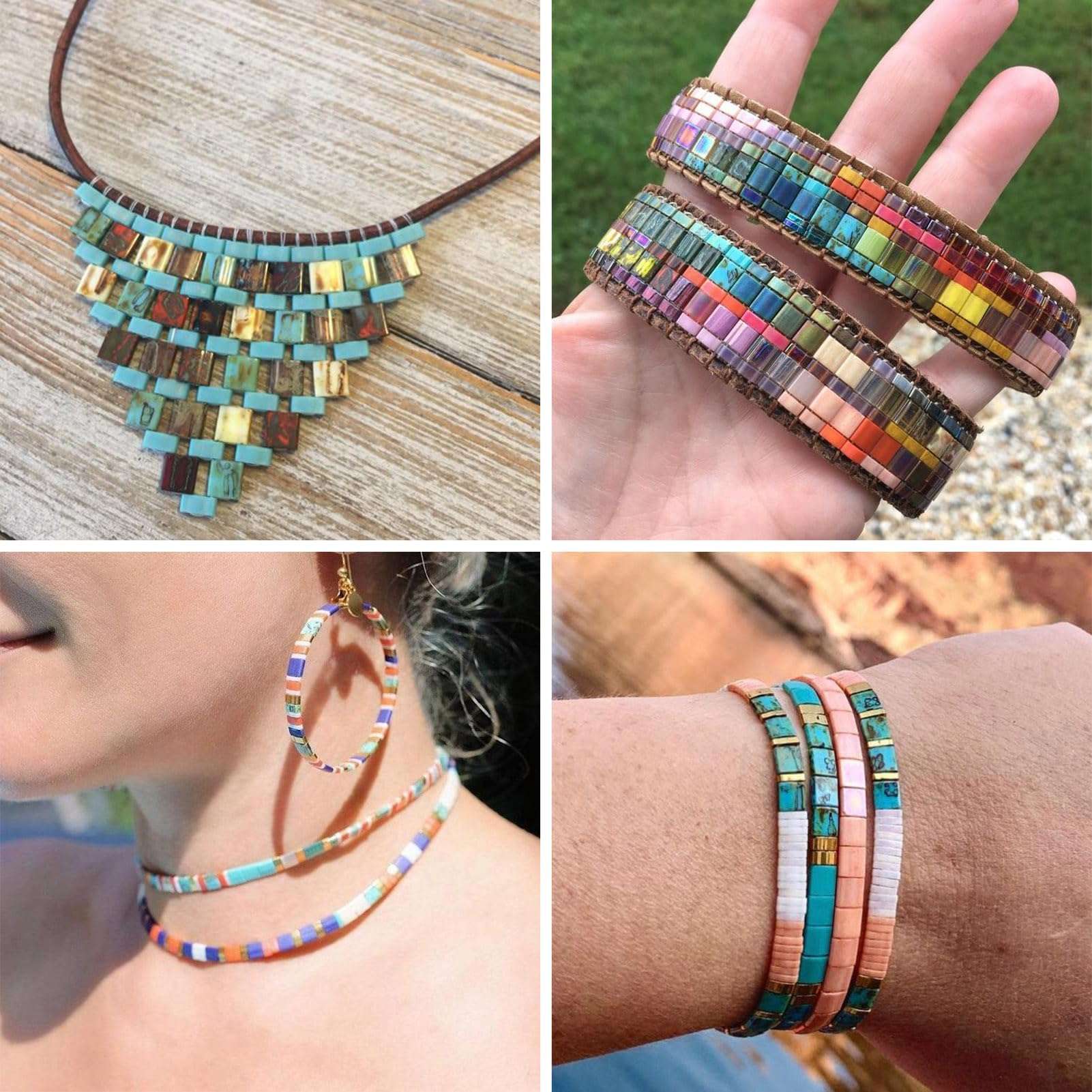 Magibeads 69Pcs 5mm Gemstone Beads Square Tila Beads Pink Jasper Beads 2 Hole Stone Seed Beads for Crafts DIY Multi Strand Elastic Bracelets Jewelry Making Supplies 6