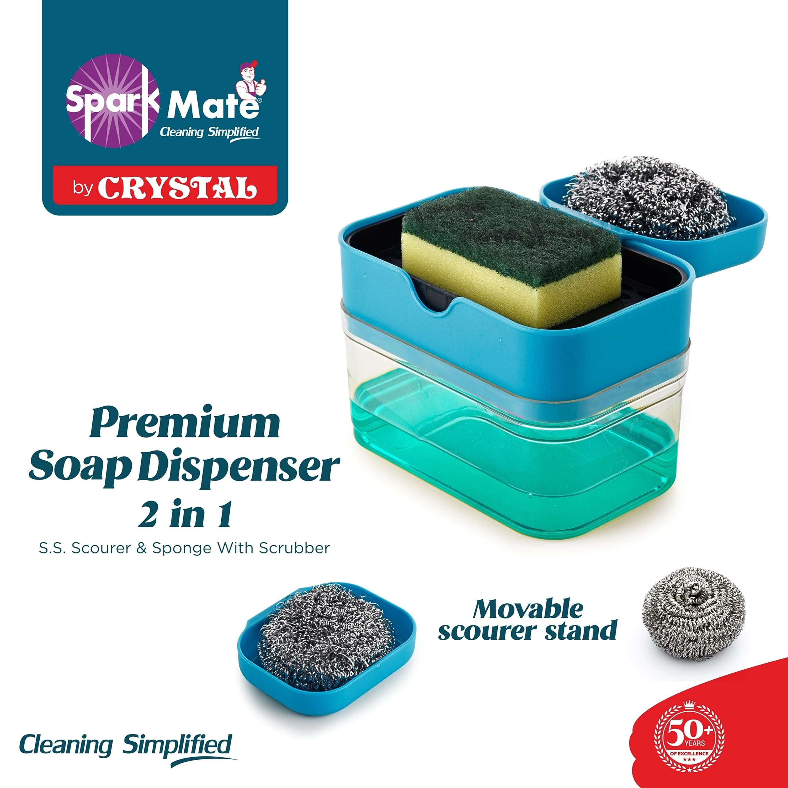Sparkmate By Crystal Premium Soap Dispenser 2 in 1 - SS Scourer & Sponge with Scrubber 3