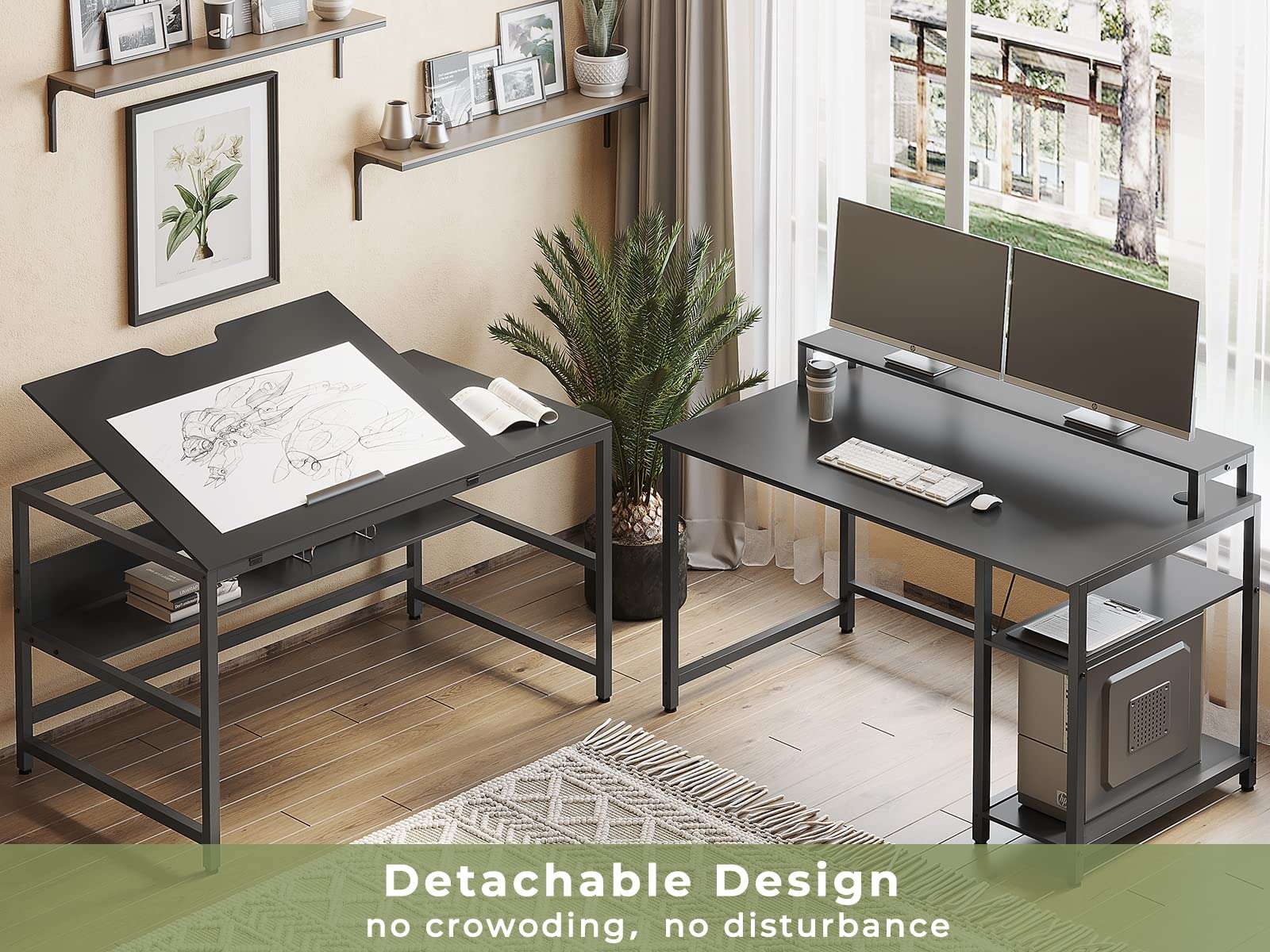 SEDETA L Shaped Computer Desk with Hutch, Drafting Drawing Table for Artists, 68.9 inches Corner Computer Desk for Home Office, Workstation Table with Monitor Stand Riser and Tiltable Desktop, Black 6