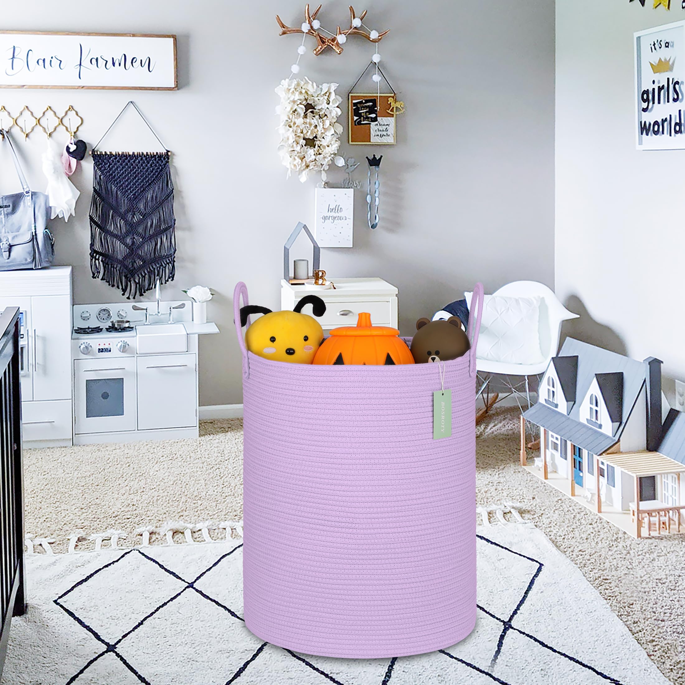 BOSROTY Large Cotton Rope Laundry Hamper 65L, Baby Nursery Hamper Bin with Handles, Woven Storage Basket for Living Room Bedroom, Tall Blanket Basket for Storage Toys Clothes Towels, 16”x 20”, Purple 6