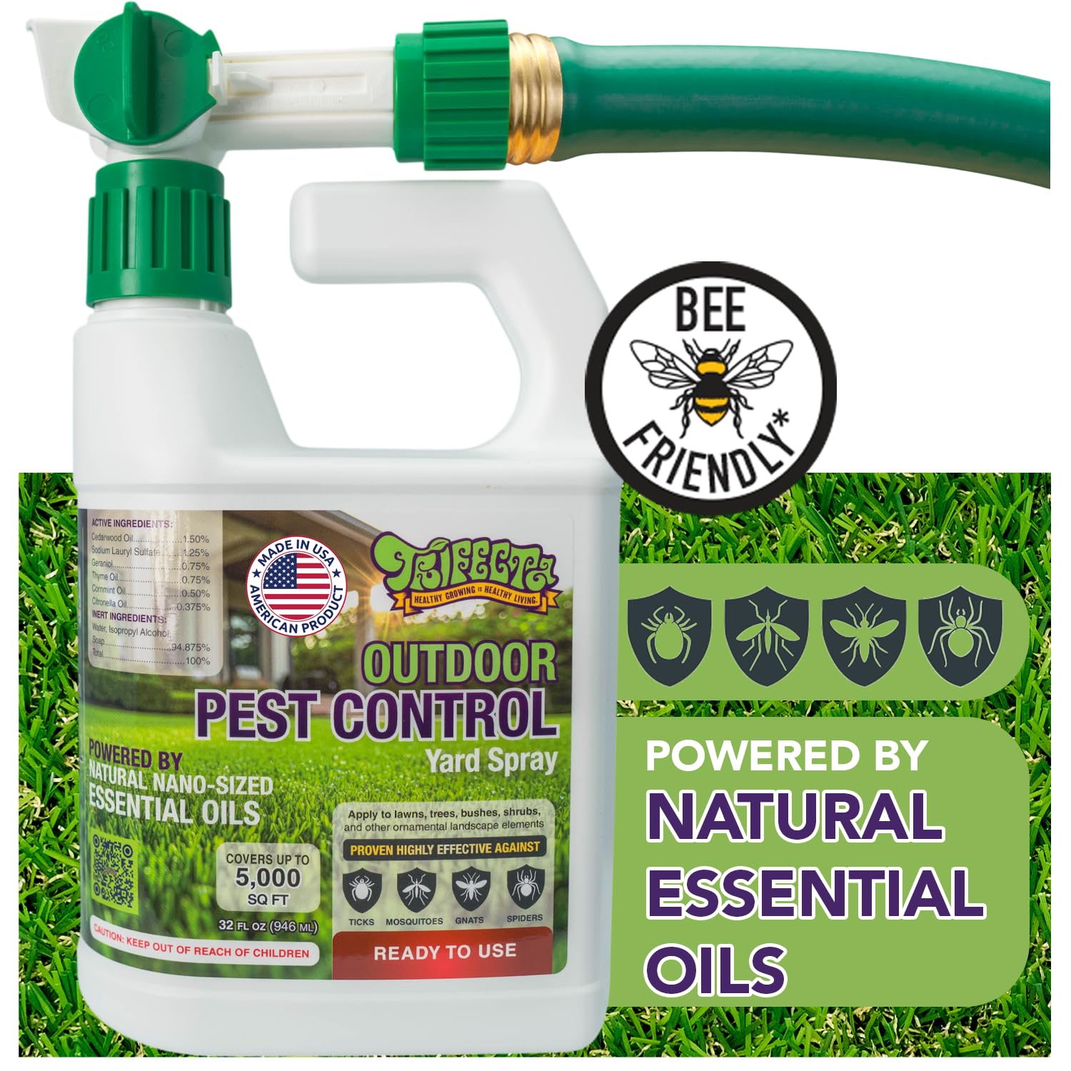 Trifecta Outdoor Pest Control | Natural Mosquito Repellent, tick, gnat, & Mosquito Backyard Control | Pet & Kid Safe | Hose-End pest Control Spray for Lawns, Trees, Bushes, Patios & More (32oz RTU) 5