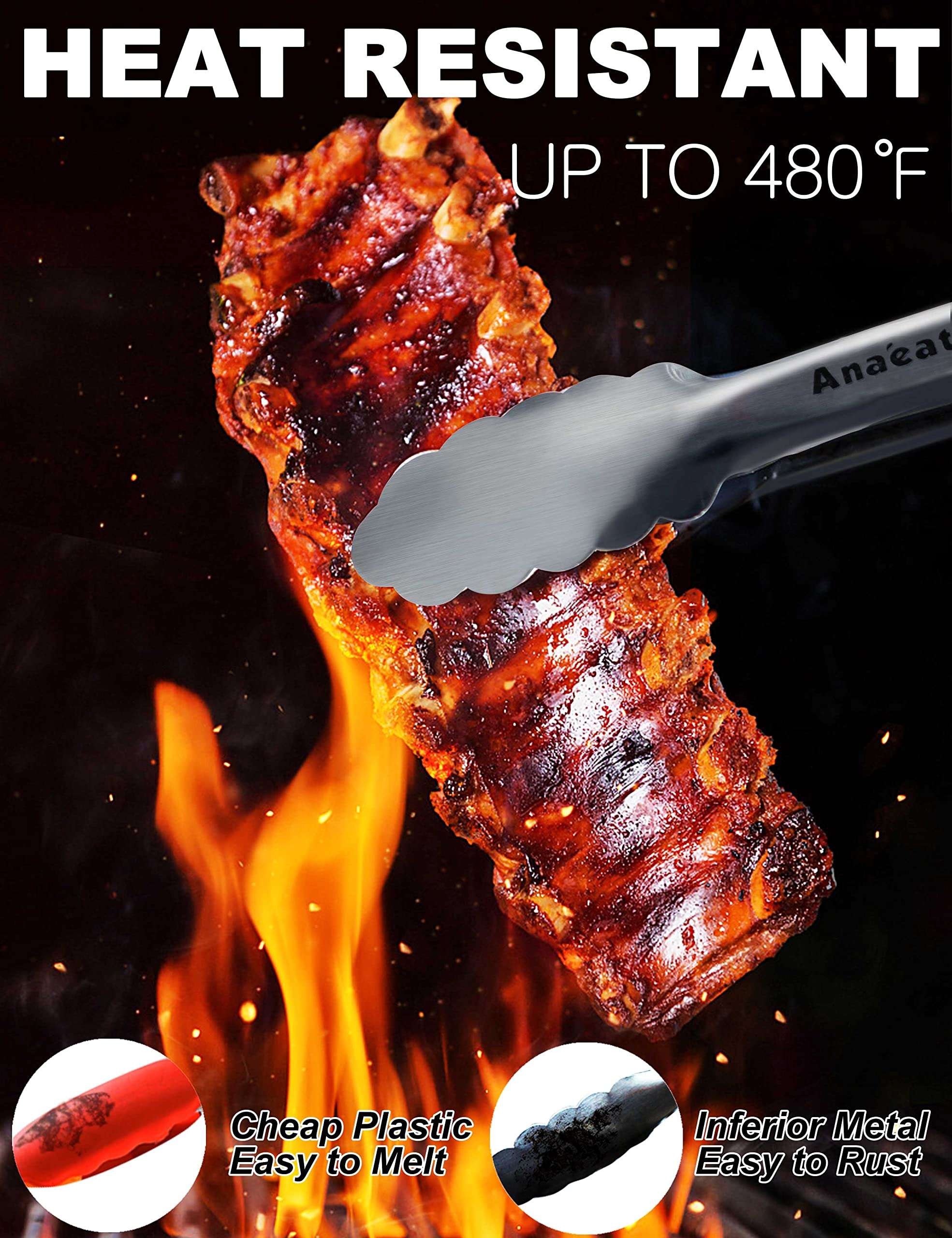 Anaeat Extra Long Stainless Steel Grilling Locking Tong, 17" Sturdy Coiled Spring Kitchen Food Tong with Non-Slip Silicone Grip for BBQ, Baking, Cooking - Heat Resistant up to 480°F (Black) 4