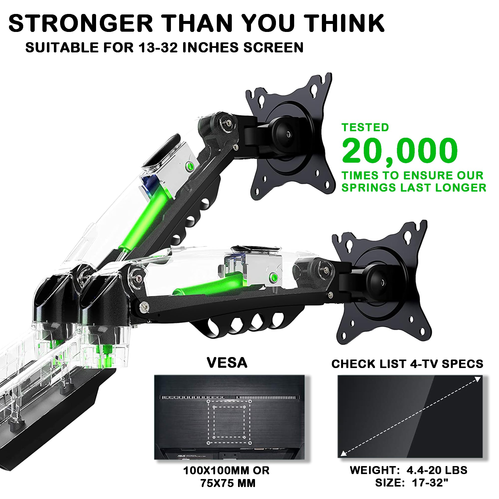 Dual Monitor Stand, Height Adjustable, Pneumatic Dual Monitor Arm Mount for 17 to 32 inch Screens, Full Articulating Tilt, Heavy Duty VESA Stand with Desk C-clamp and Installation Tools 3