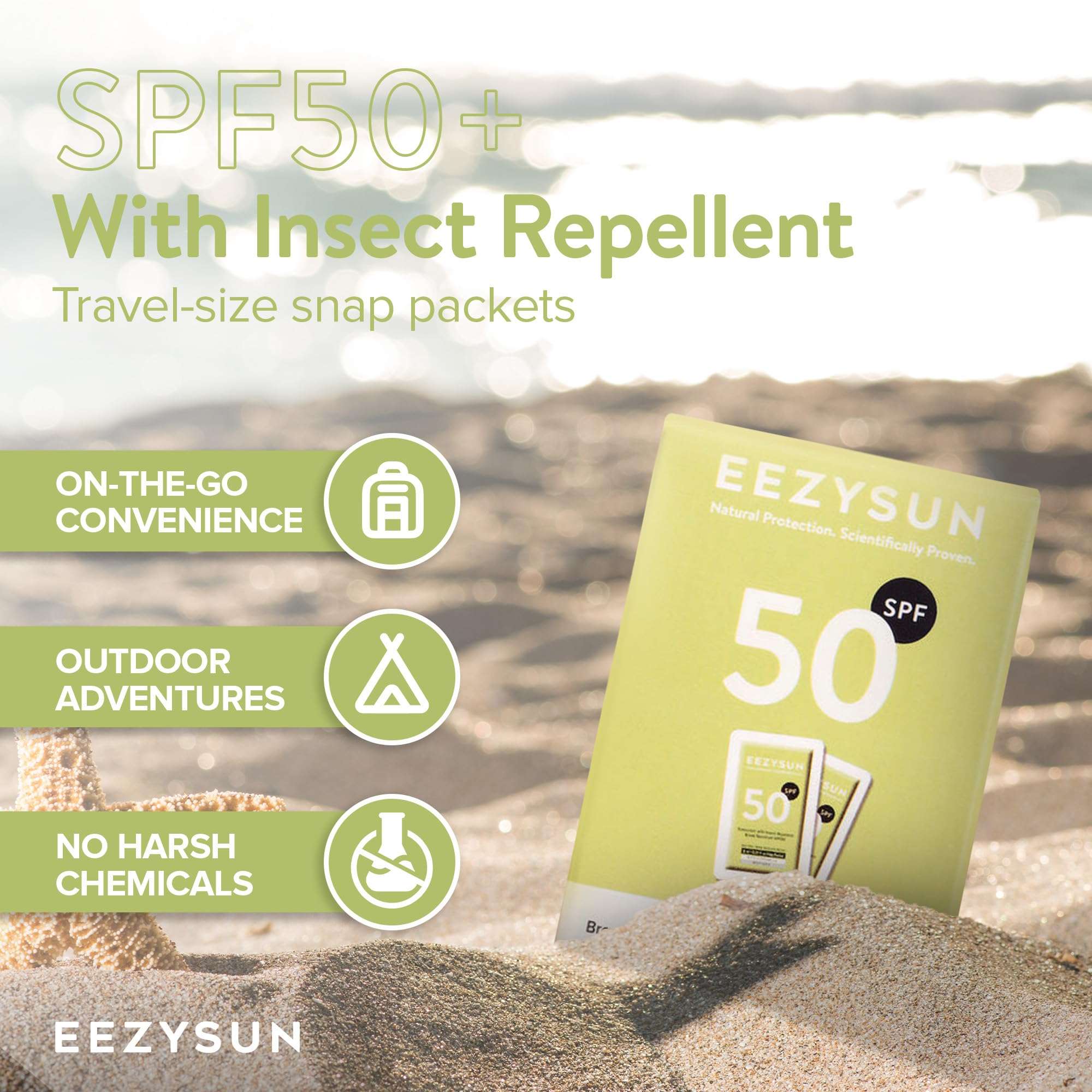 EEZYSUN SPF 50 Sunscreen and Insect Repellent Snap Packets - Sunscreen Travel Size Bug Repellent with Citronella Oil, Lemongrass, and Neem Oil - Reef-Safe Repellent - 10 Snap Packets (0.27 fl oz each) 4