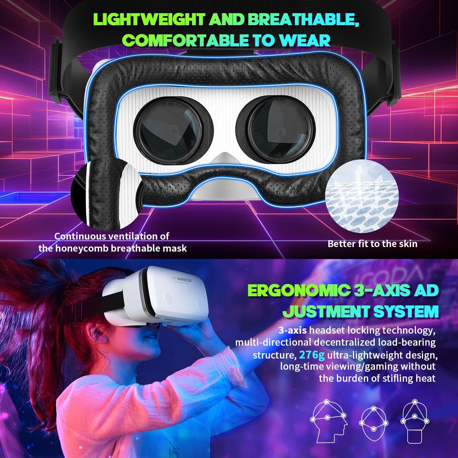 VR Headset for Smartphones with Bluetooth Controller, 4. 7-7-inch Aspheric Optical HD Lens Mobile VR Headset，Adjustable Focusand and Eye Width,Good Heat Dissipation 3