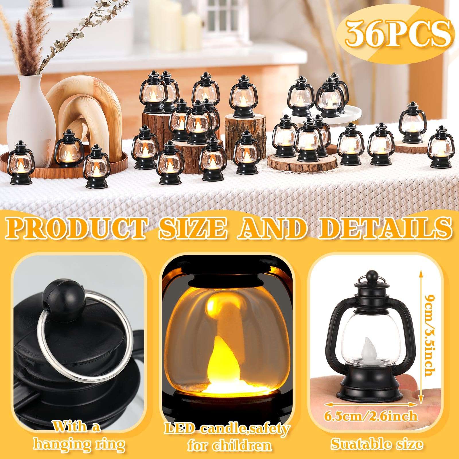 Ferraycle 36 Pcs Mini Lantern Decor Western Lantern Table Centerpiece Small Vintage Camping Hanging Lamp Ornaments Bulk for Cowboy Cowgirl Wedding Halloween Christmas (4 Inch,Black) 3