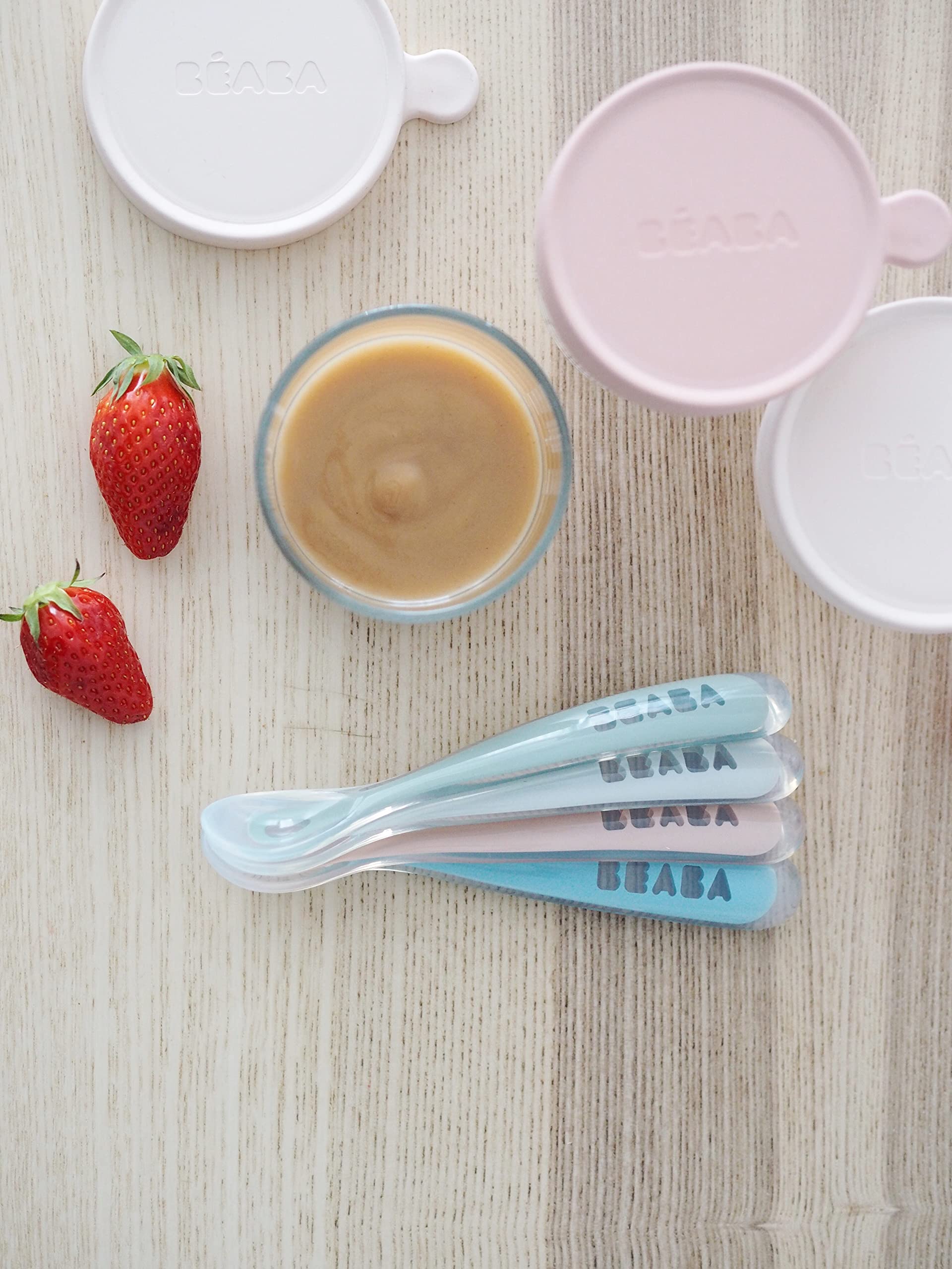 BEABA First Stage Baby Feeding Spoon Set, The Original Soft Tip Silicone Spoons for Babies, Gum Friendly BPA Lead Phthalate and Plastic Free, Great Gift Set (4 Pack), Rose 3