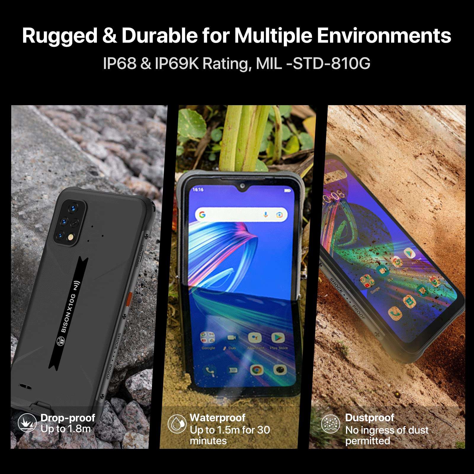 UMIDIGI Bison X10G Rugged Smartphone, NFC, T-Mobile, 4+64G, Rugged Cell Phone Unlocked, IP68/IP69K Waterproof, Android 11, 6.53" FHD Screen, 5150mAh Battery, 4G Dual SIM 4