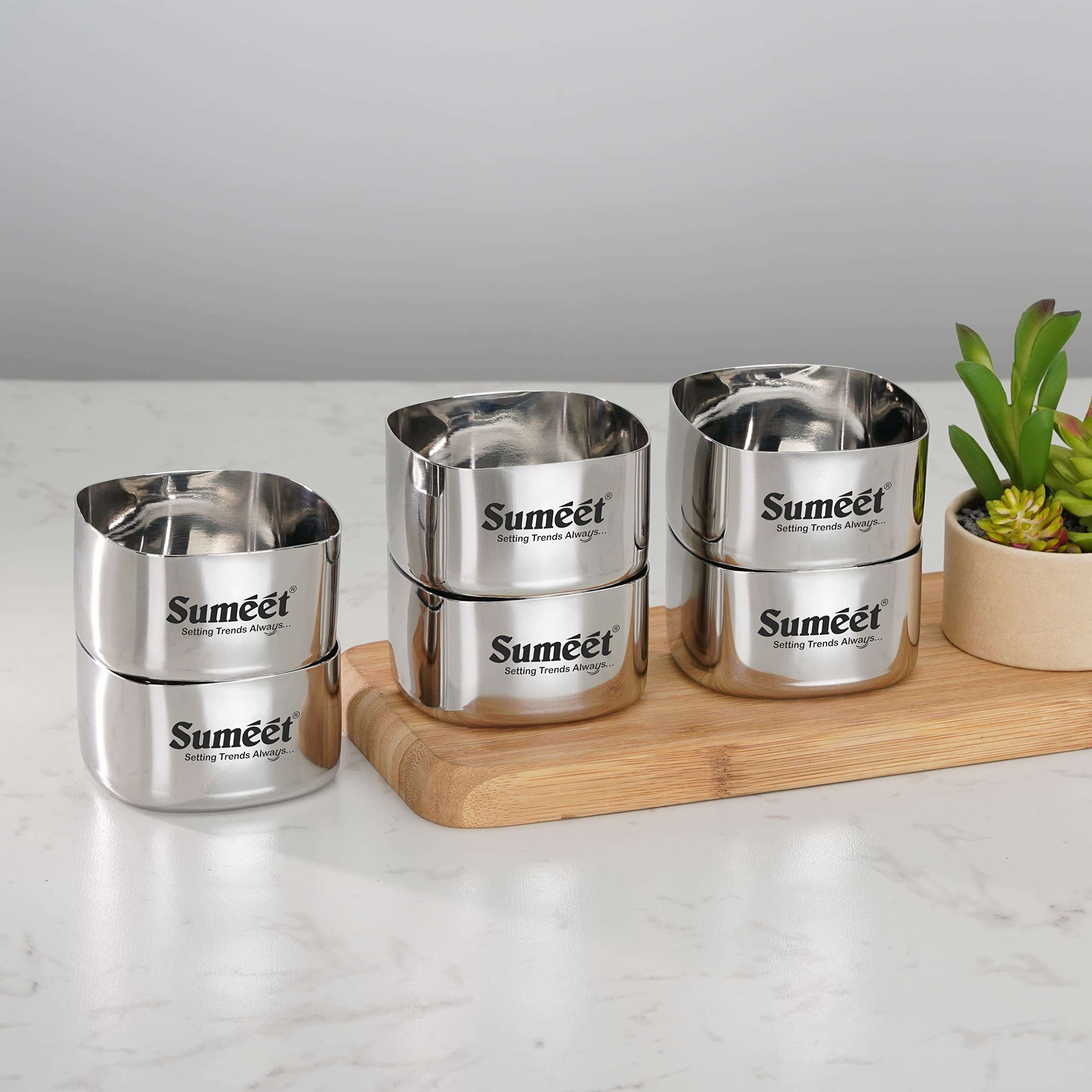 Sumeet Heavy Gauge Stainless Steel Square Bowl/Wati/Katori with Mirror Finish – 7cm Dia, set of 6pc, 200ML Each - Silver 6