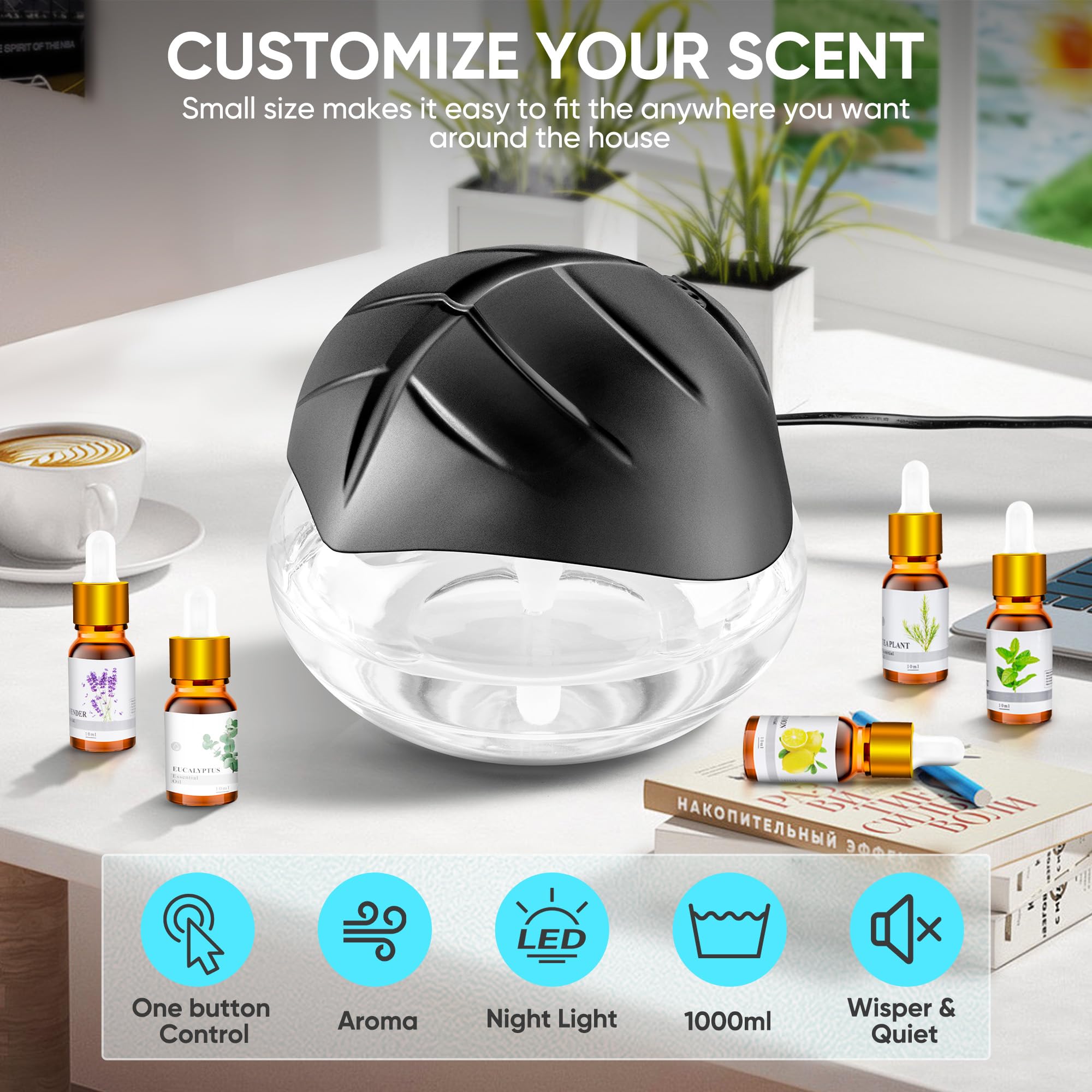 Air Purifier for Bedroom, Water Based Air Purifier & Aroma Diffuser for Home/Office, Essential Oil Aroma Diffuser with LED Night Light, Freshener for Smoke and Pet Odors (Black) 3