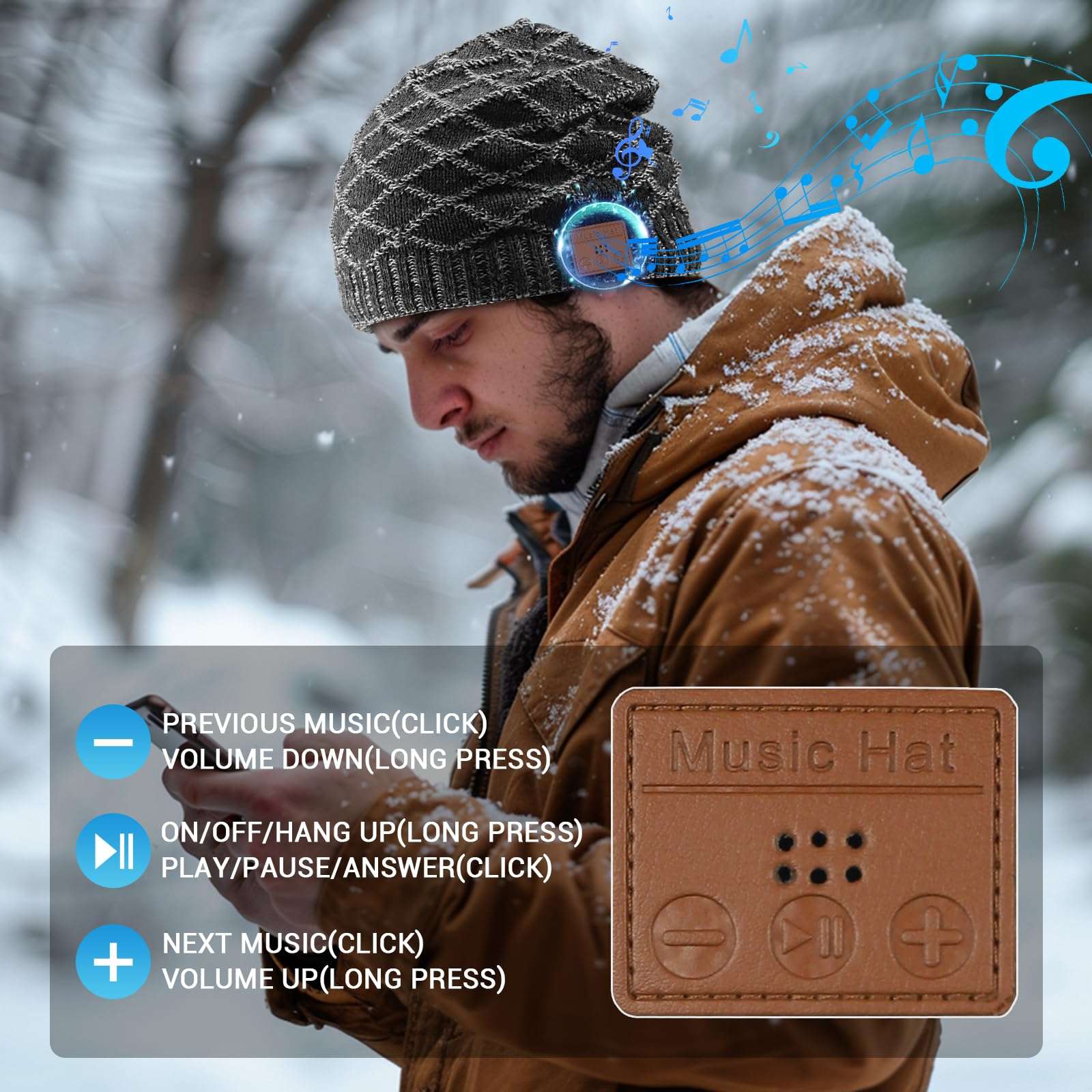 Bluetooth Beanie for Men, Wireless Headphones for Bluetooth Hat, Winter Knit Music Hat, Unique Tech Gifts Stocking Stuffer, Christmas Birthday Gifts for Men Him Husband Teen, Grey 3