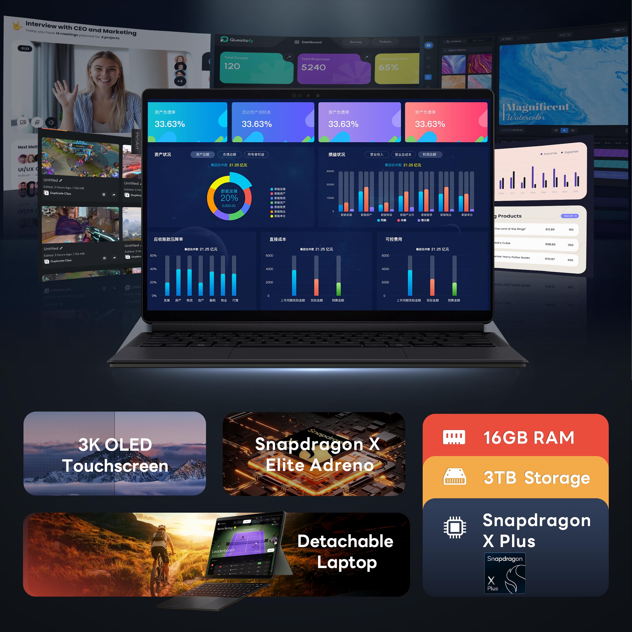 ASUS ProArt 13" OLED 3K Detachable Laptop, Snapdragon X Plus X1P-42-100, Adreno Graphics, 16GB LPDDR5X, 3TB Storage (2TB SSD&1TB Docking Station), Copilot+ PC, Wi-Fi 7, Win 11 Pro, Black 4