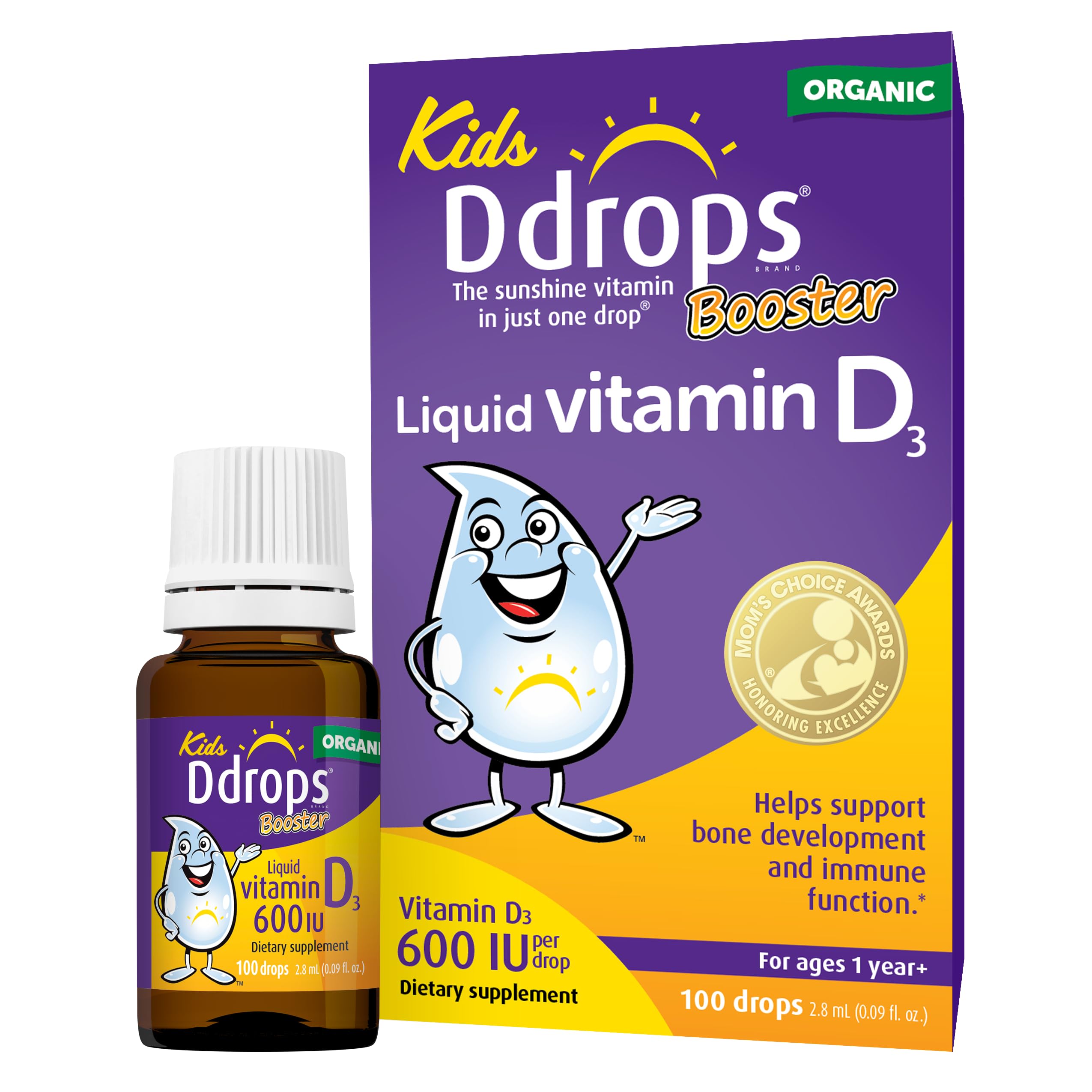 Ddrops Kids Booster 600IU 100 Drops - Daily Liquid Vitamin D for Kids. Support Strong Bones & Immune System in Children. No Preservatives, No Sugar, Non-GMO, Allergy-Friendly 1