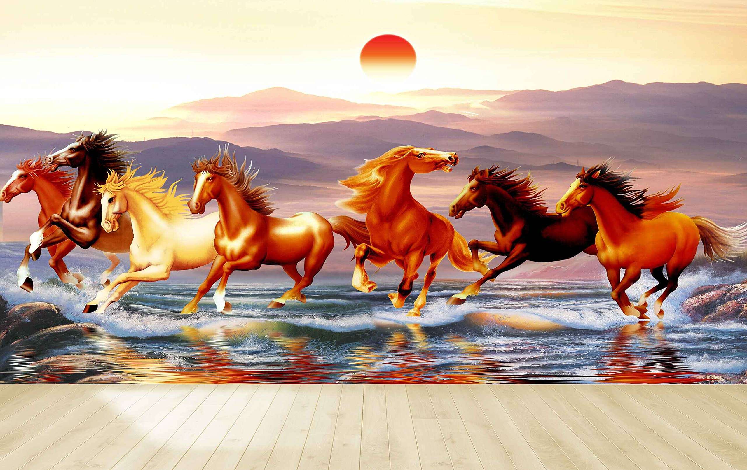 Mystic Walls MWZ3781 Seven 7 Horses Racing Sun Mountains Water HD 3D Seven Horses Wallpaper[4 ft x 3 ft] / [122 cm x 91 cm] 4