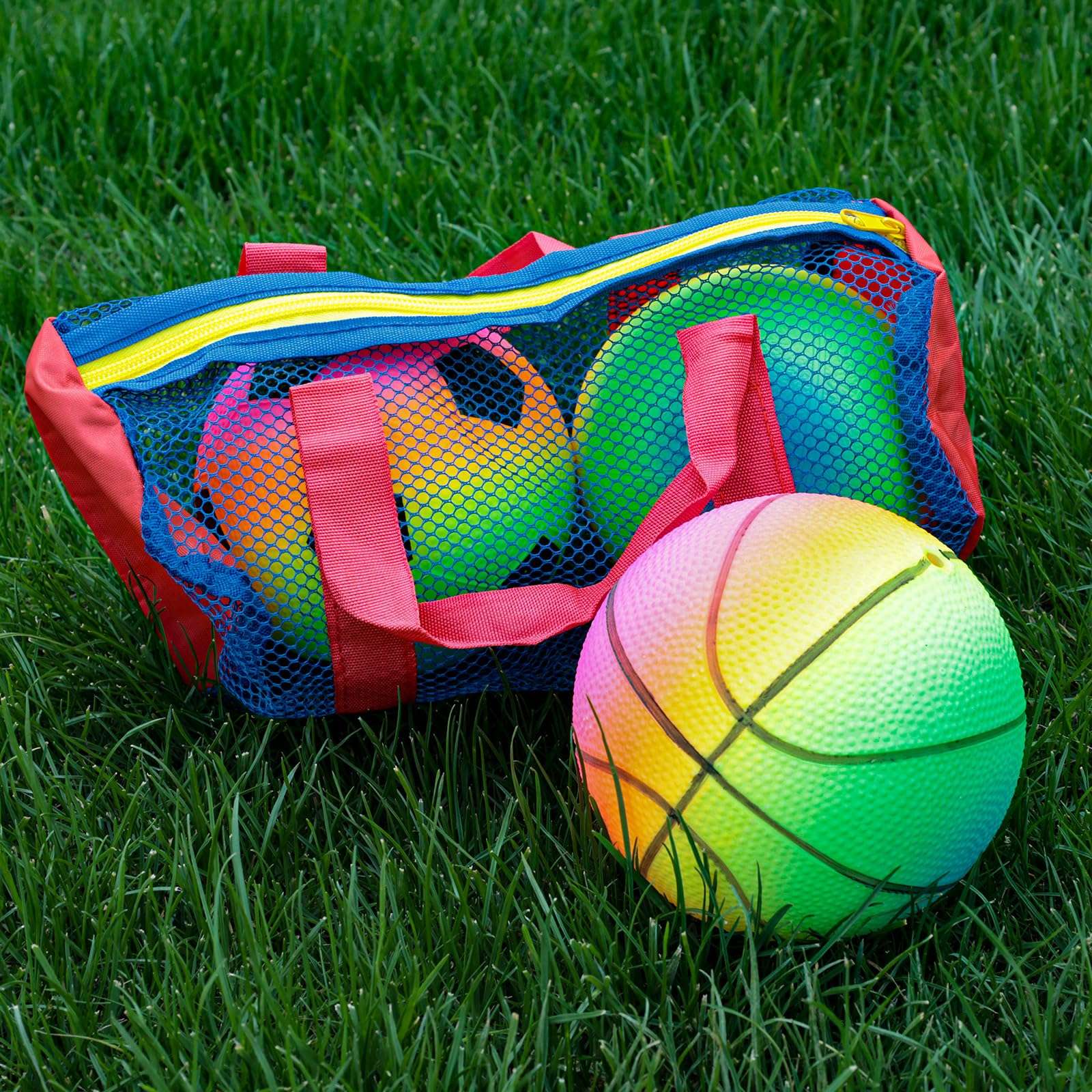 AMOR PRESENT Sport Balls for Kids, Inflatable Balls with Bag Includes Rainbow Kickballs Volleyballs Dodgeballs, Fun Indoor Outdoor Toys, Sport Soft Bouncy Playground Balls, for Kids Sport Party Favors 6