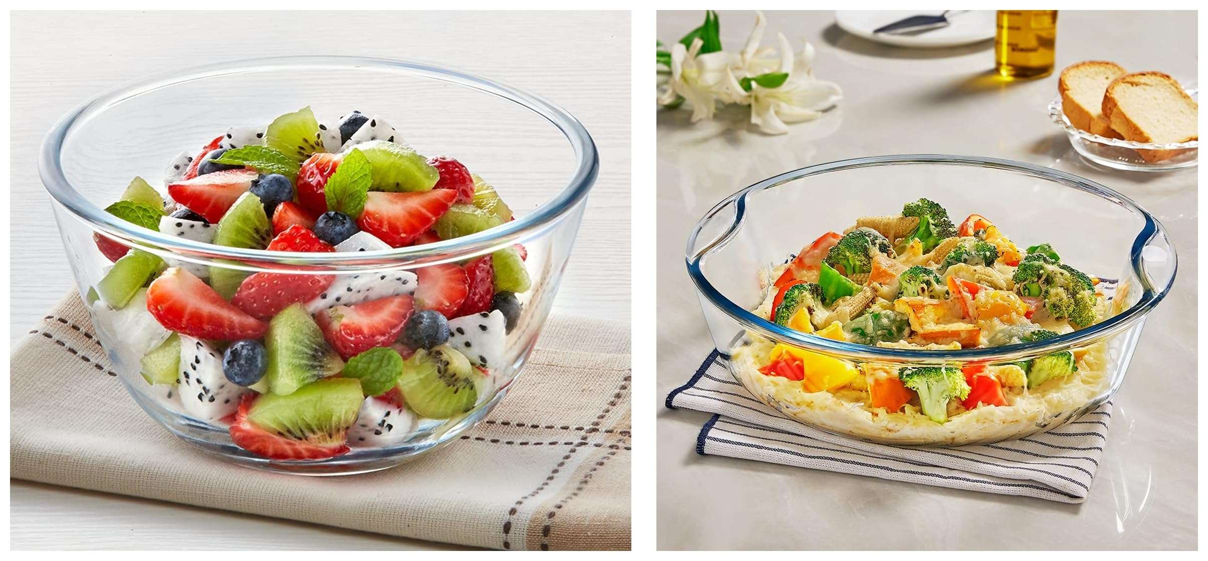 Borosil Glass Mixing & Serving Bowls, Oven & Microwave Safe Bowl, 2.5 L, Borosilicate Glass, Clear & Borosil Round Glass Baking Dish, 2.5 L, Microwave Safe & Oven Safe, Transparent, 1 Piece 1