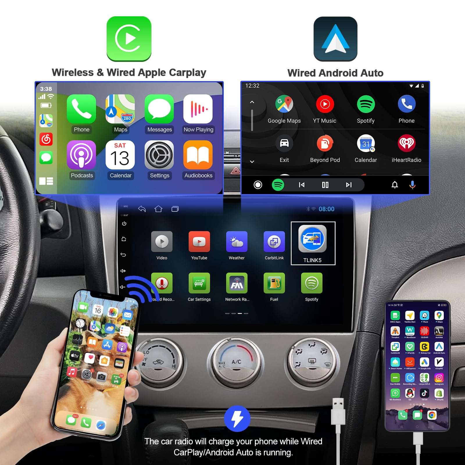 (Manual A/C) 2+32G Android 12 Double Din Car Stereo for Toyota Camry 2006-2011 with 10.1 Inch Touchscreen Radio Built-in Wireless Carplay/Android Auto/GPS/Bluetooth/FM/AUX-in/SWC/Backup Camera 3