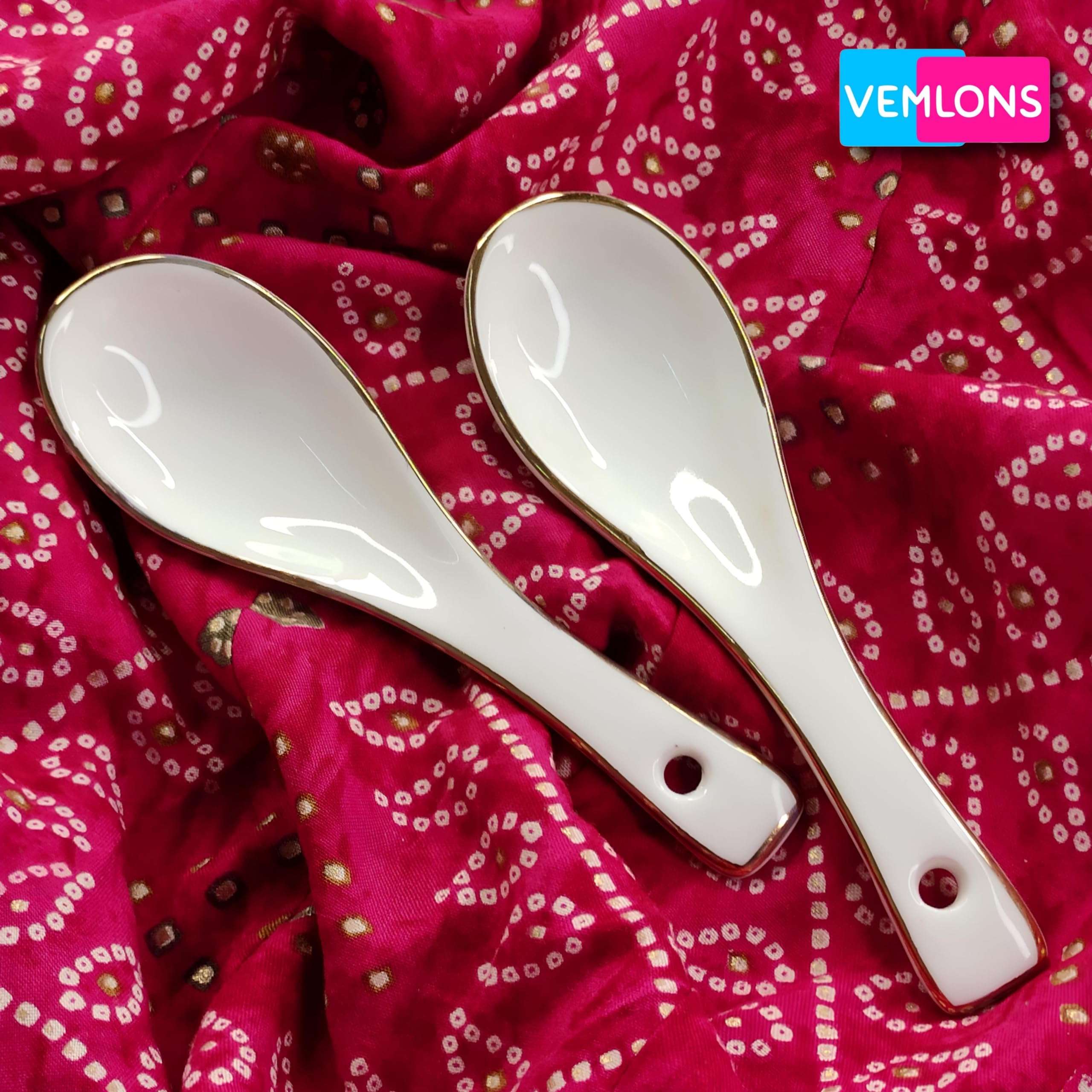 Vemlons Soup Spoons Ceramic Soup Spoon/Ceramic Golden line Soup Spoon Set of 6 Piece Spoon Set 4