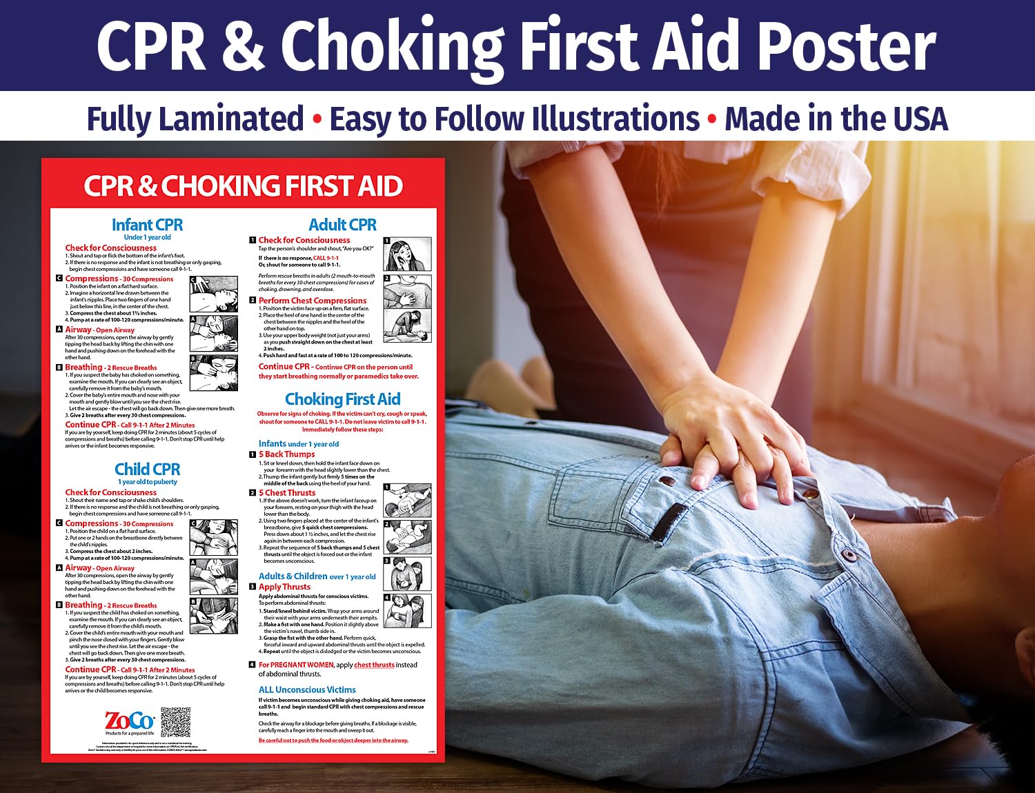 CPR and Choking Poster for Infant, Child, Adult - Laminated, 12 x 18 in. - CPR, Heimlich Maneuver First Aid Sign - Restaurant, School Nurse Office, Workplace Healthcare Poster 2