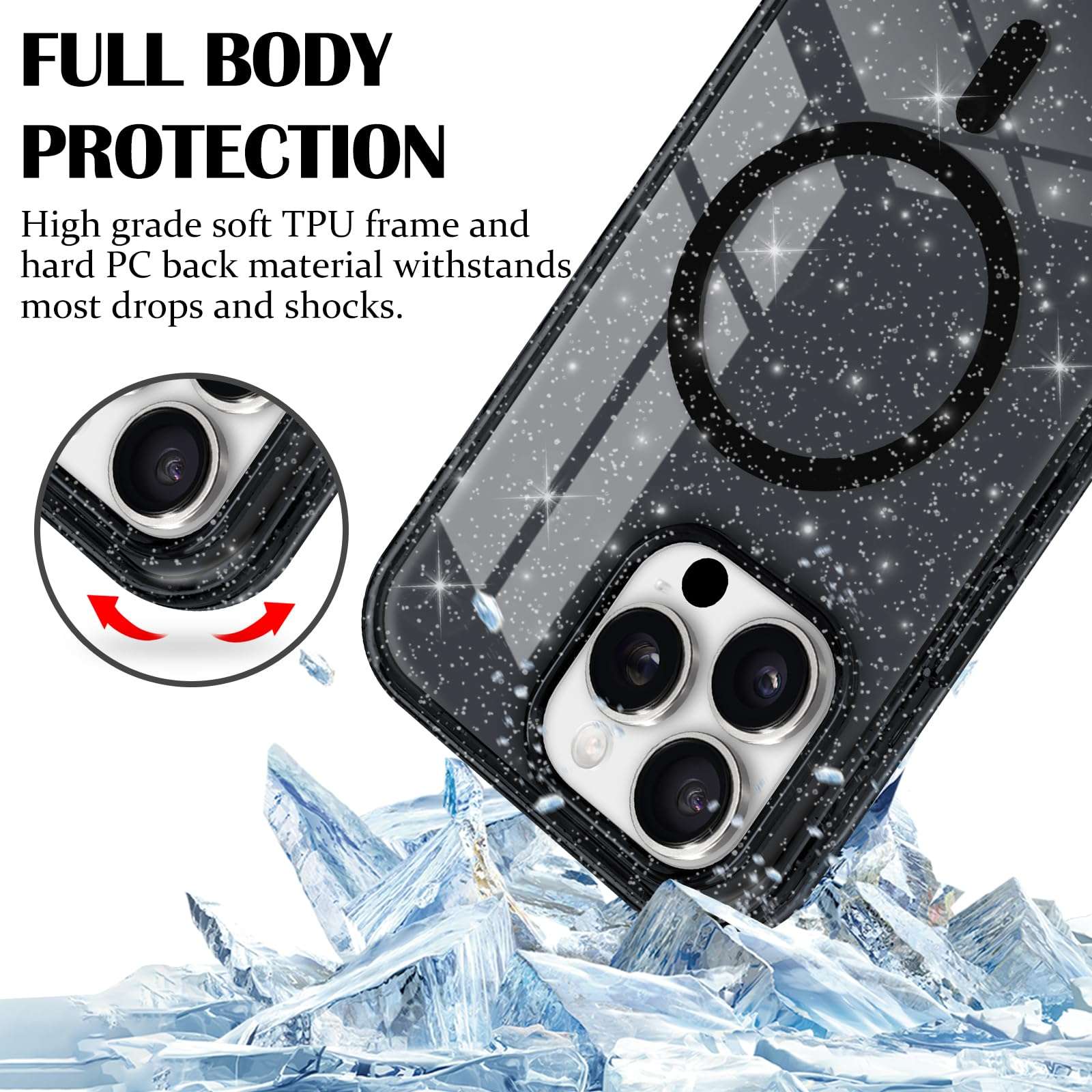 Newseego for iPhone 16 Pro Max Magnetic Case, Luxury Sparkle Bling Glitter Clear Case for Women Girls Men Full Body Drop Protection Bumper Shockproof Cover for iPhone 16 Pro Max-Black 4