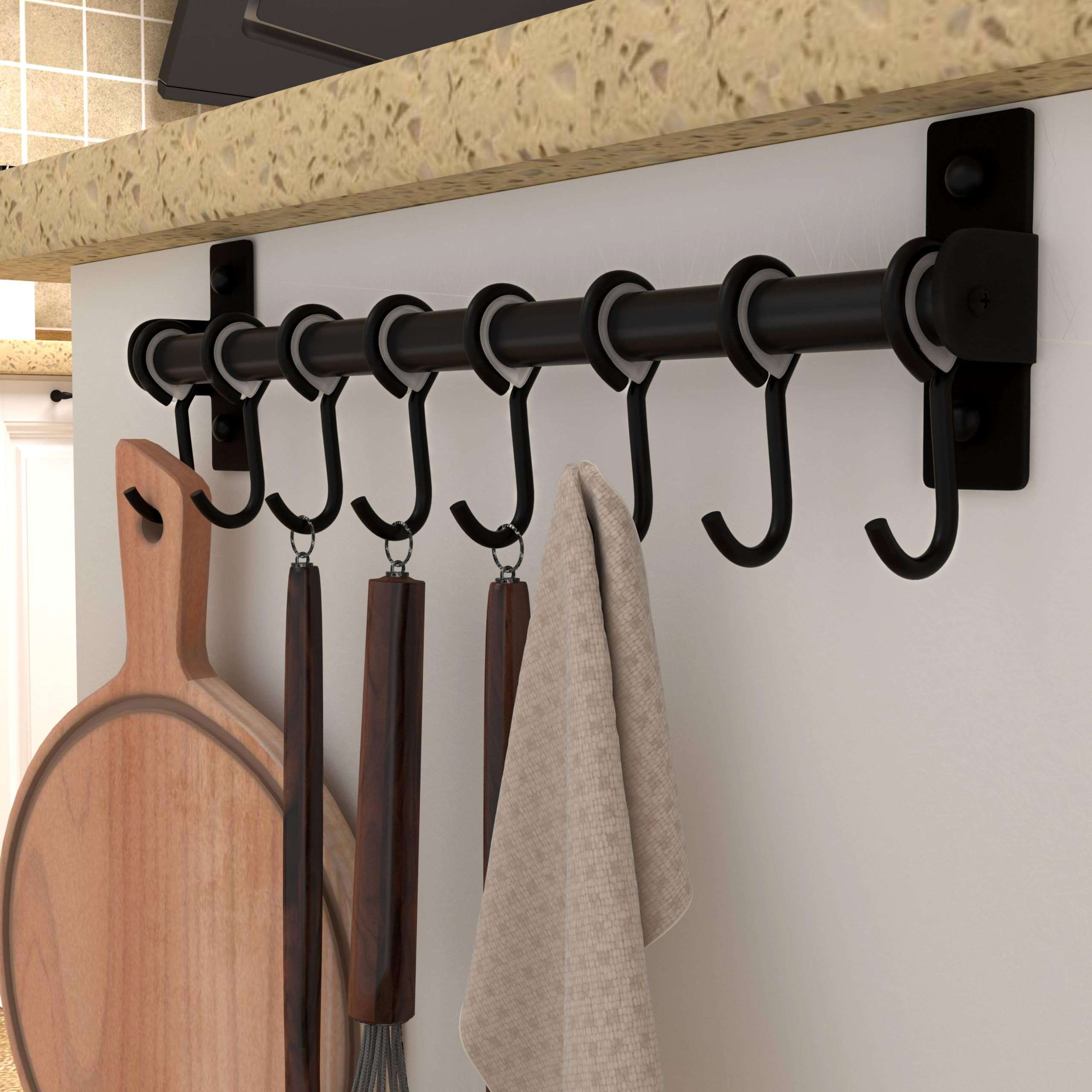 Dseap Kitchen Hooks for Hanging Utensils, Hanging Pot Rack, Kitchen Utensil Hanger Rail with 8 Hooks for Pots Pans, Spoons, Mugs, Wall Mounted, Stainless Steel, Black, Pack of 2 4