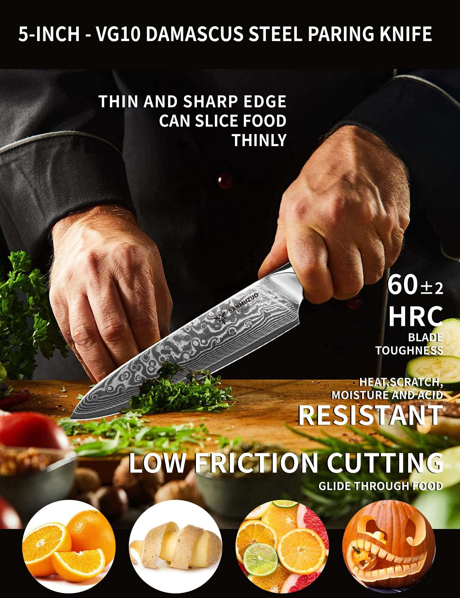 SANMUZUO 5 Inch Kitchen Utility Knife - Xuan Series Kitchen Knives - VG10 Damascus Steel with Resin Handle (Starry Black) 4