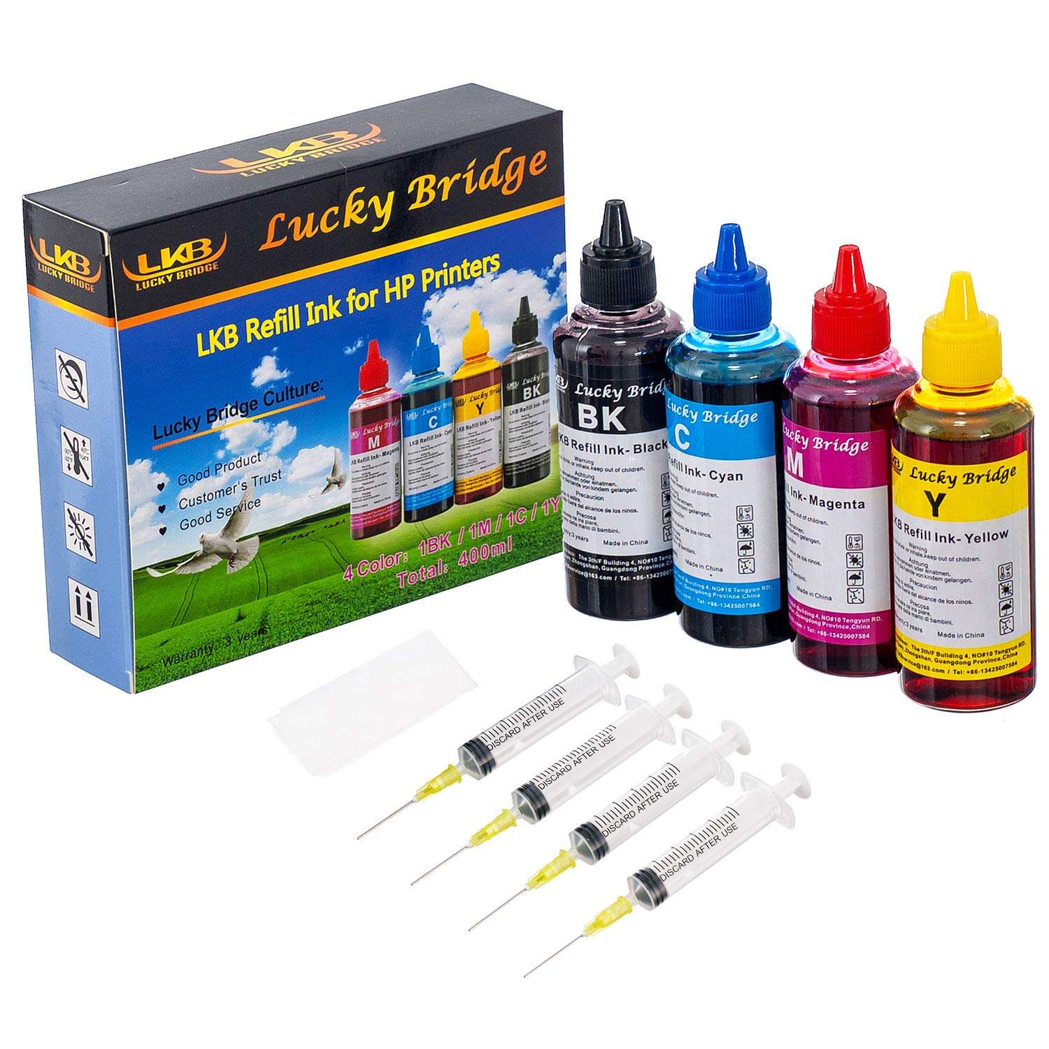 Lucky Bridge Refill Ink kit for HP 950 951 60 61 Cartridge or CIS CISS System 4 Color Set (1BK, C, M, Y) 1