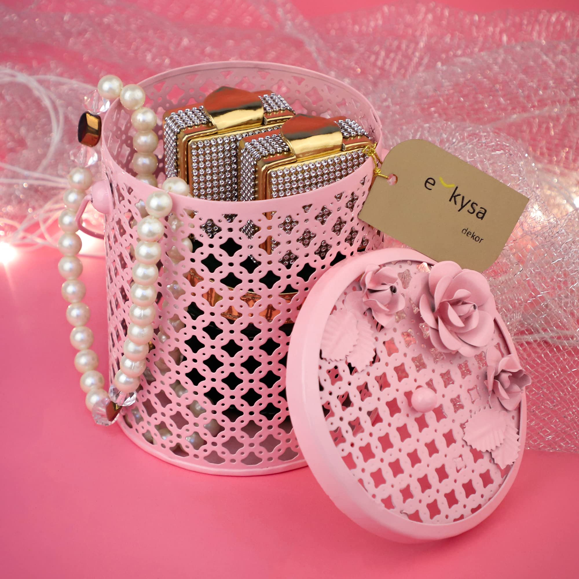ekysa dekor metal multipurpose hamper Fancy Basket/Tray/Platter box with lid and hadles for Packing, Gifting, Decoration - 13 * 13 * 15 cm, Baby Pink 5