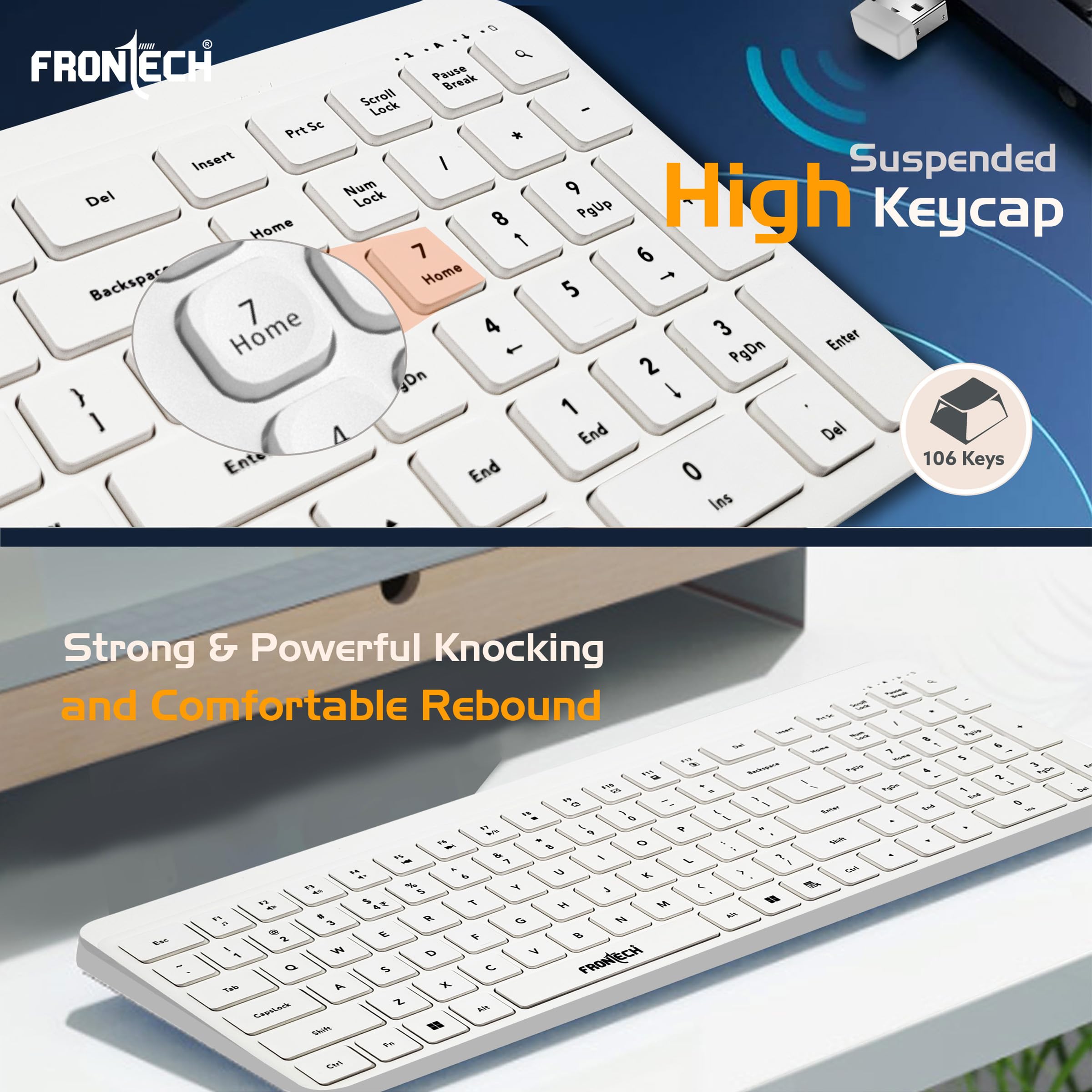 Frontech Wireless Keyboard & Mouse Combo–2.4GHz, 106 Keys, 3200 DPI Mouse, Power-Saving Design, 3-Year Warranty, White (KB-0030P) 5