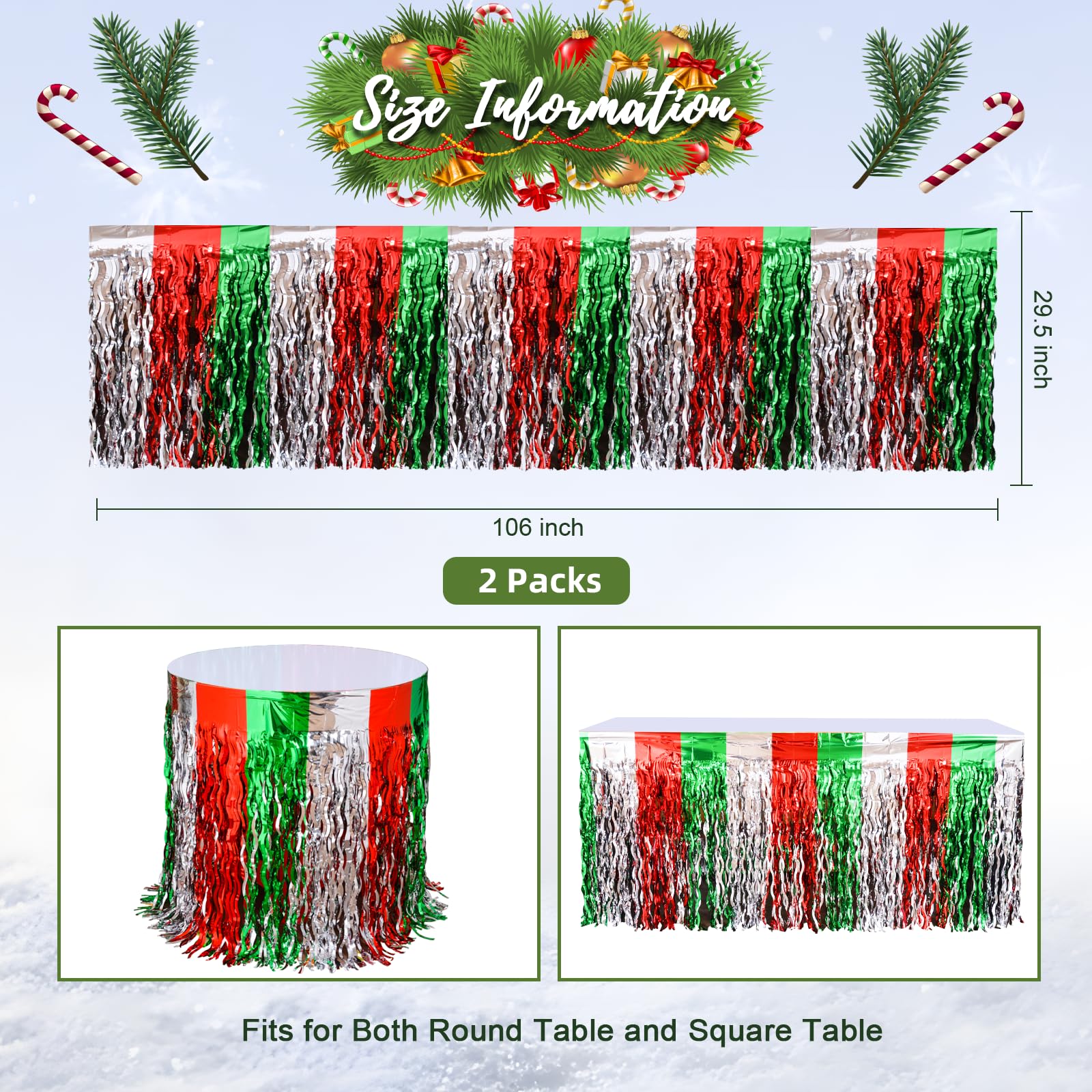 LOLStar Christmas Party Decorations, 2 Pack Red White and Green Wavy Metallic Tinsel Foil Fringe Table Skirt for Rectangle & Round Tables, Perfect Table Decorations for Christmas Ugly Sweater Party 6