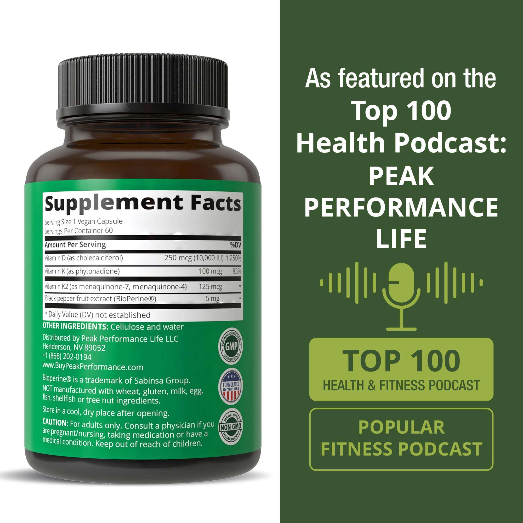 Peak Performance Advanced Vitamin D 10000 IU with All 3 Types of Vitamin K Capsules 10,000 IU Vitamin D3 and Vitamin K2, K1, MK-7 (MK7), MK4 Supplement. 60 Small and Easy to Swallow Pills 6